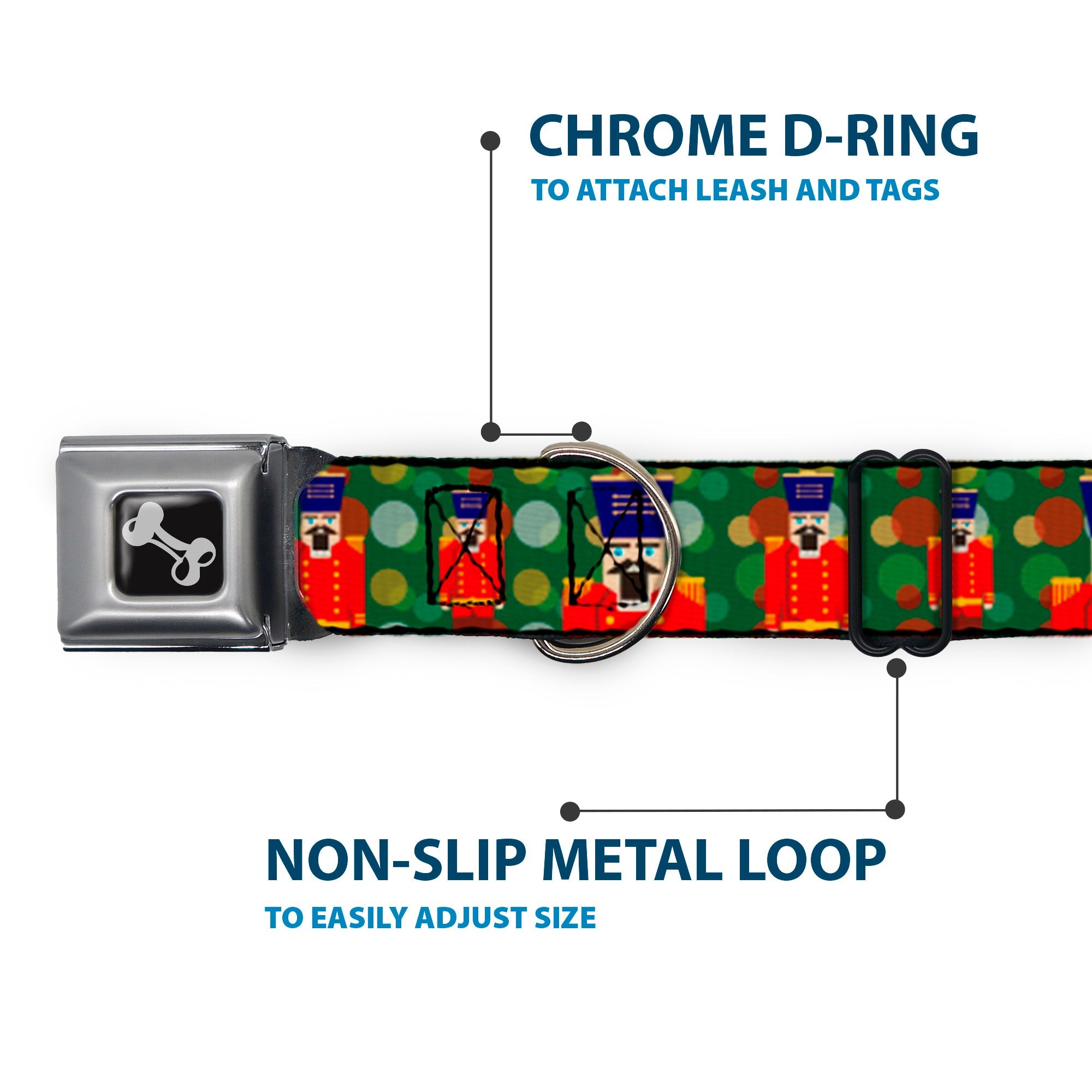 Dog Bone Seatbelt Buckle Collar - Christmas Nutcracker/Polka Dots Greens/Gold/Red