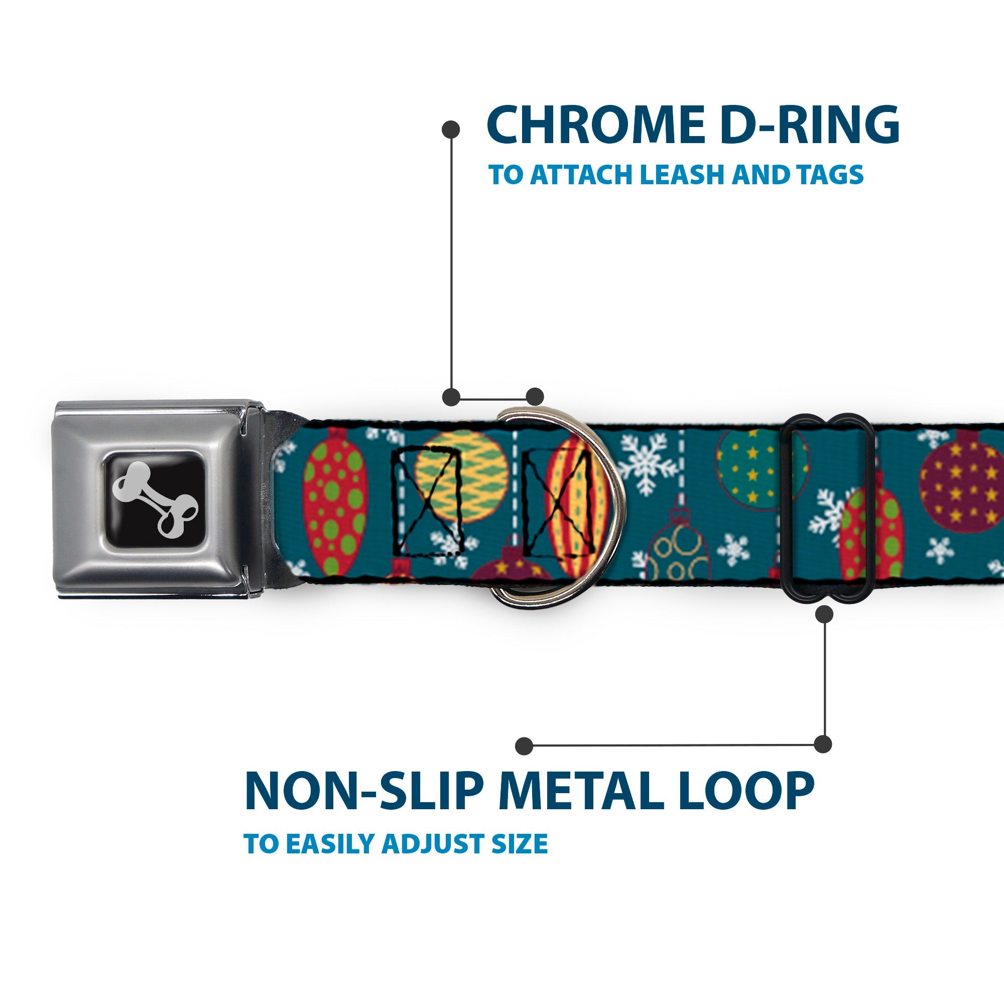 Dog Bone Seatbelt Buckle Collar - Christmas Ornaments/Snowflakes Blue/White/Multi Color