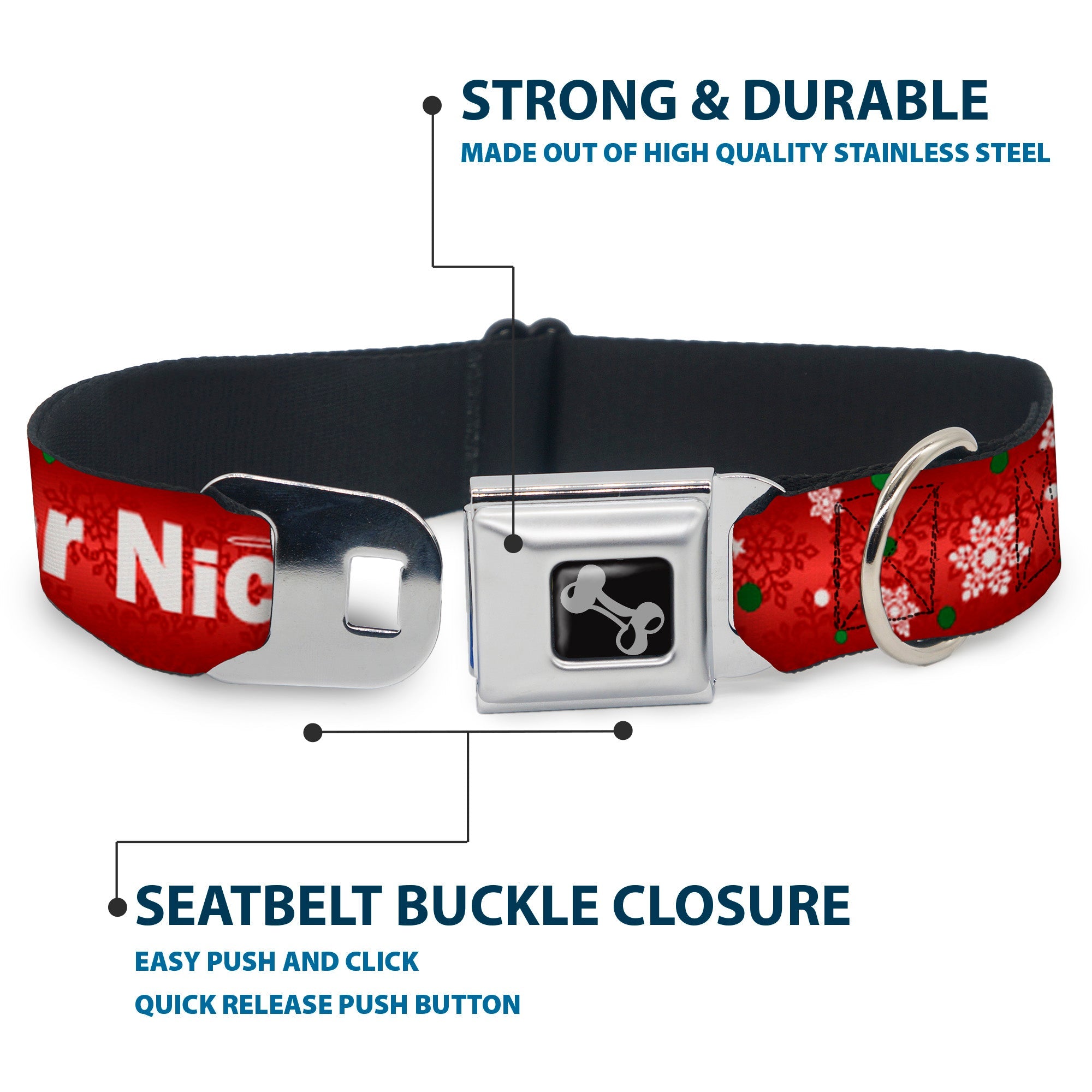 Dog Bone Seatbelt Buckle Collar - Christmas NAUGHTY OR NICE/Snowflakes Reds/White/Green