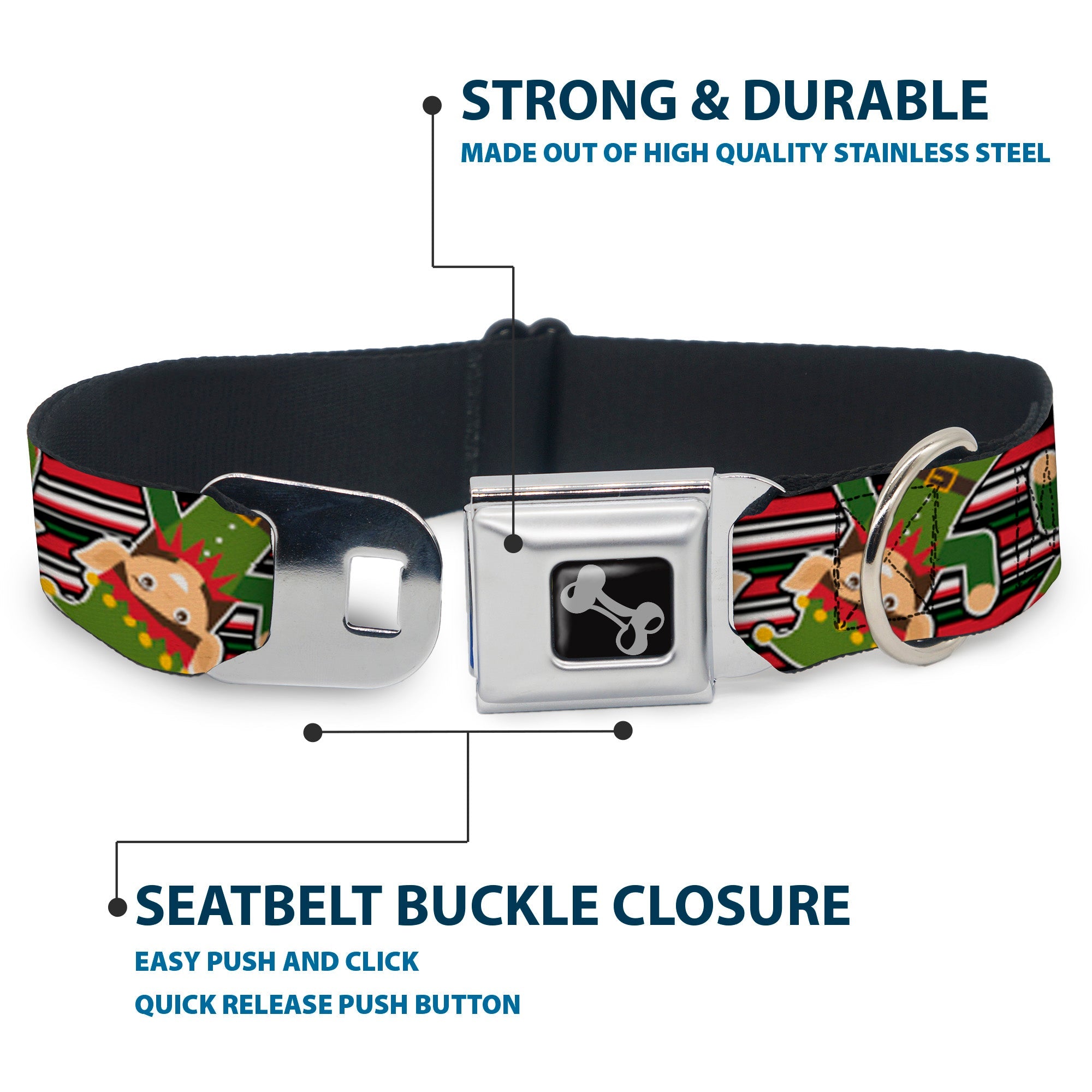 Dog Bone Seatbelt Buckle Collar - Christmas Elves/Stripes Black/Red/White/Green