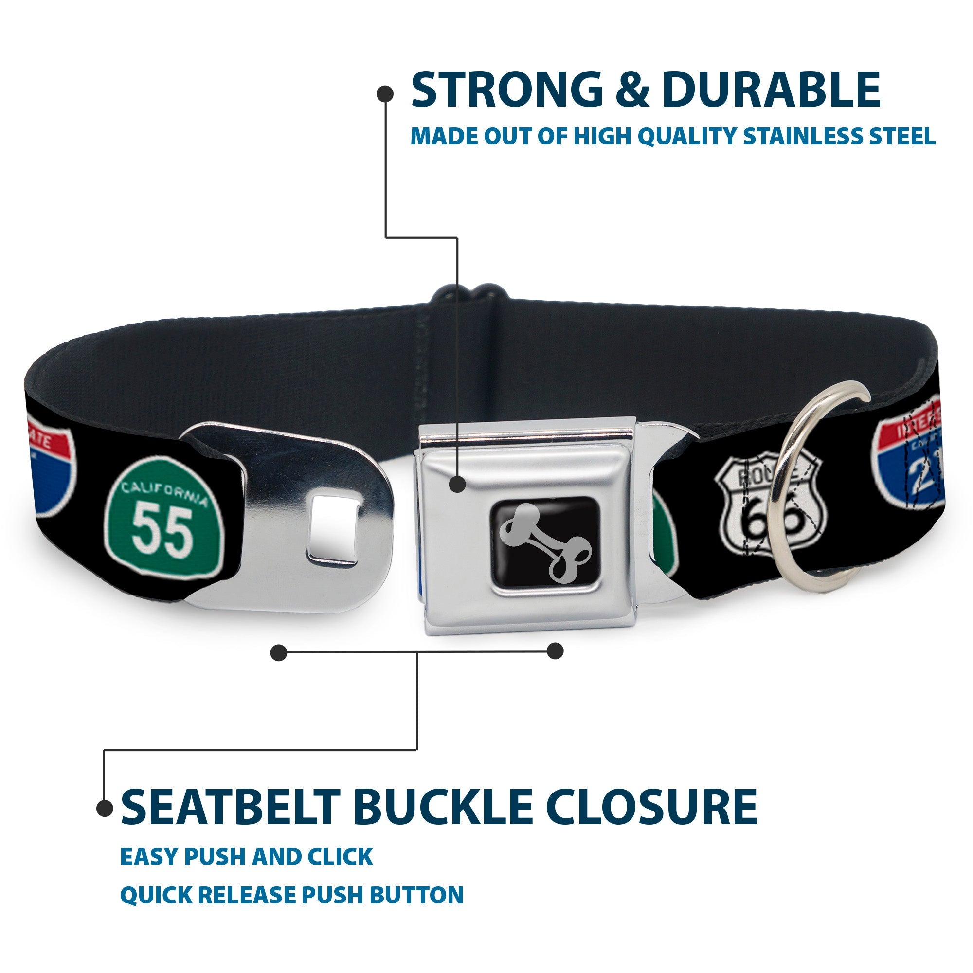 Dog Bone Seatbelt Buckle Collar - California Highway Signs Black