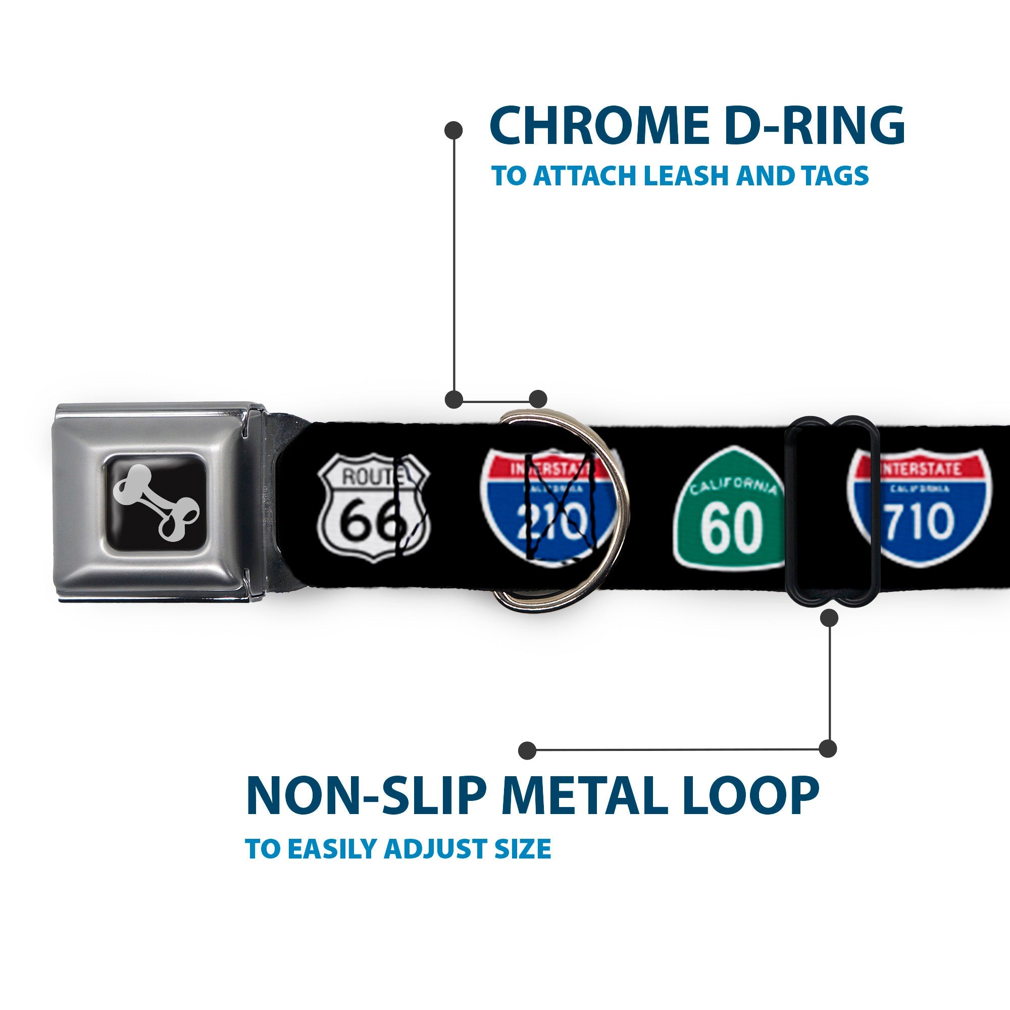 Dog Bone Seatbelt Buckle Collar - California Highway Signs Black