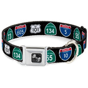 Dog Bone Seatbelt Buckle Collar - California Highway Signs Black