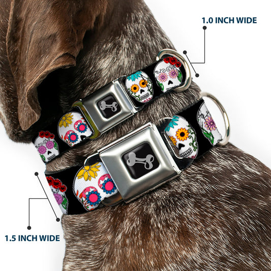 Dog Bone Seatbelt Buckle Collar - Staggered Sugar Skulls CLOSE-UP Black/Multi Color