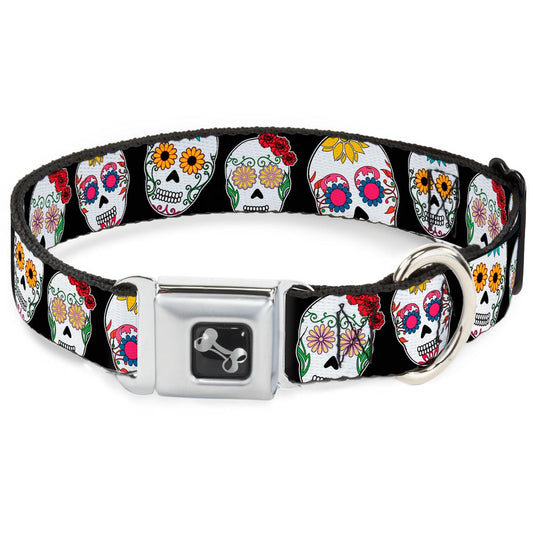 Dog Bone Seatbelt Buckle Collar - Staggered Sugar Skulls CLOSE-UP Black/Multi Color