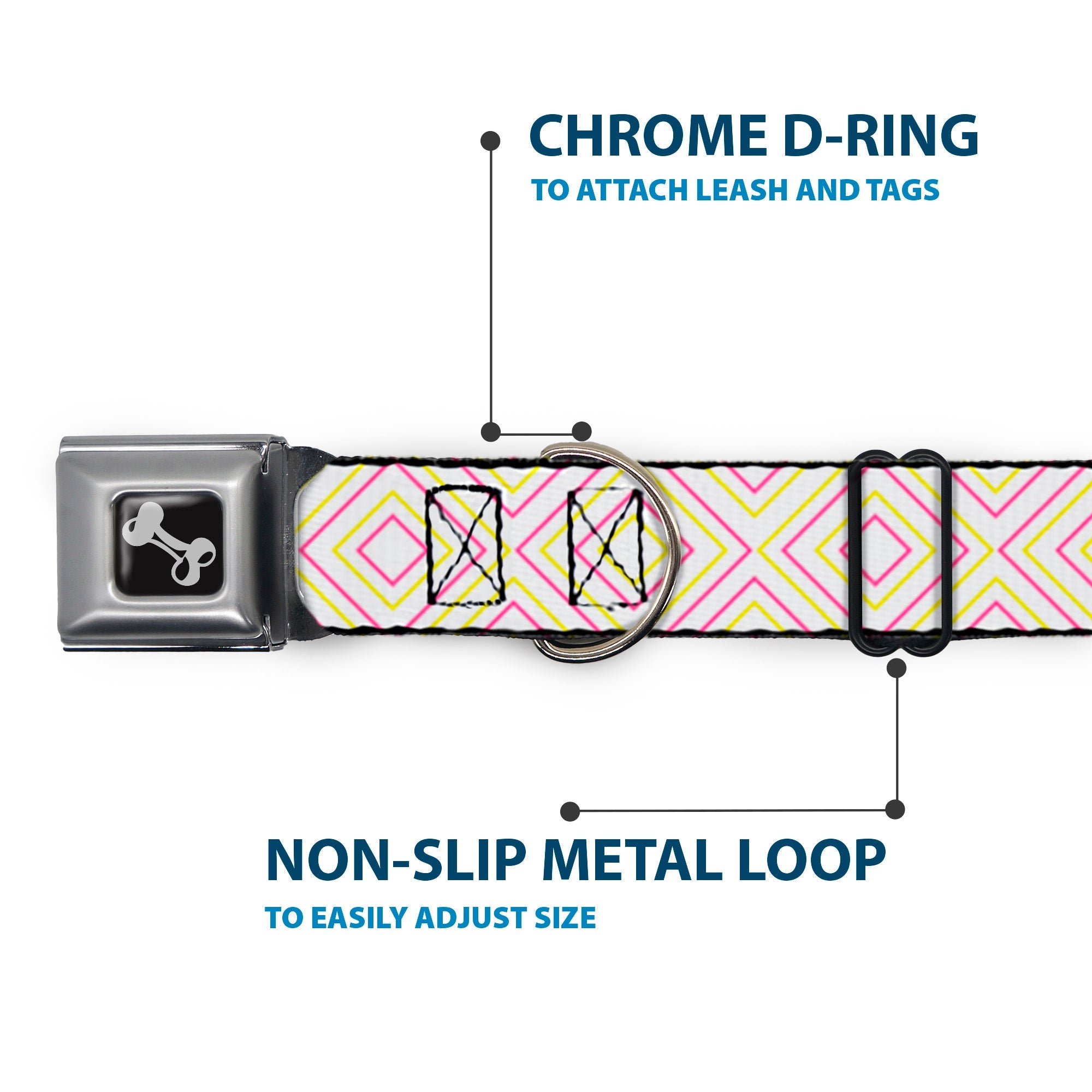 Dog Bone Seatbelt Buckle Collar - Square Lines White/Fluorescent Orange/Pink/Yellow