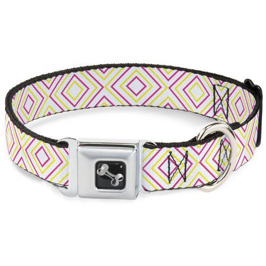 Dog Bone Seatbelt Buckle Collar - Square Lines White/Fluorescent Orange/Pink/Yellow