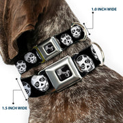 Dog Bone Seatbelt Buckle Collar - Sugar Skulls Black/White/Black