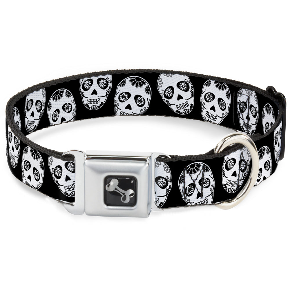 Dog Bone Seatbelt Buckle Collar - Sugar Skulls Black/White/Black