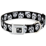 Dog Bone Seatbelt Buckle Collar - Sugar Skulls Black/White/Black