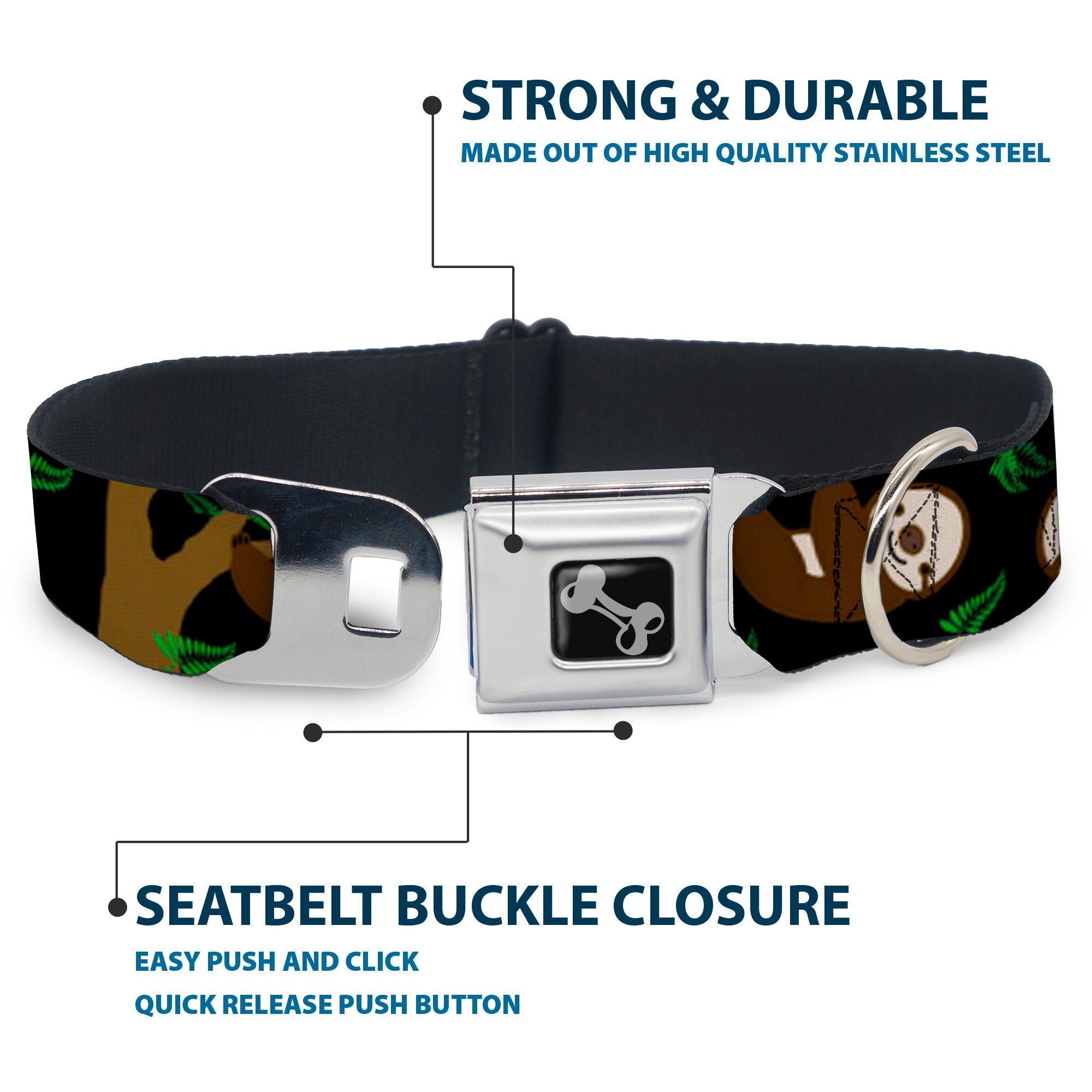 Dog Bone Seatbelt Buckle Collar - Sloth Face/Hanging Black