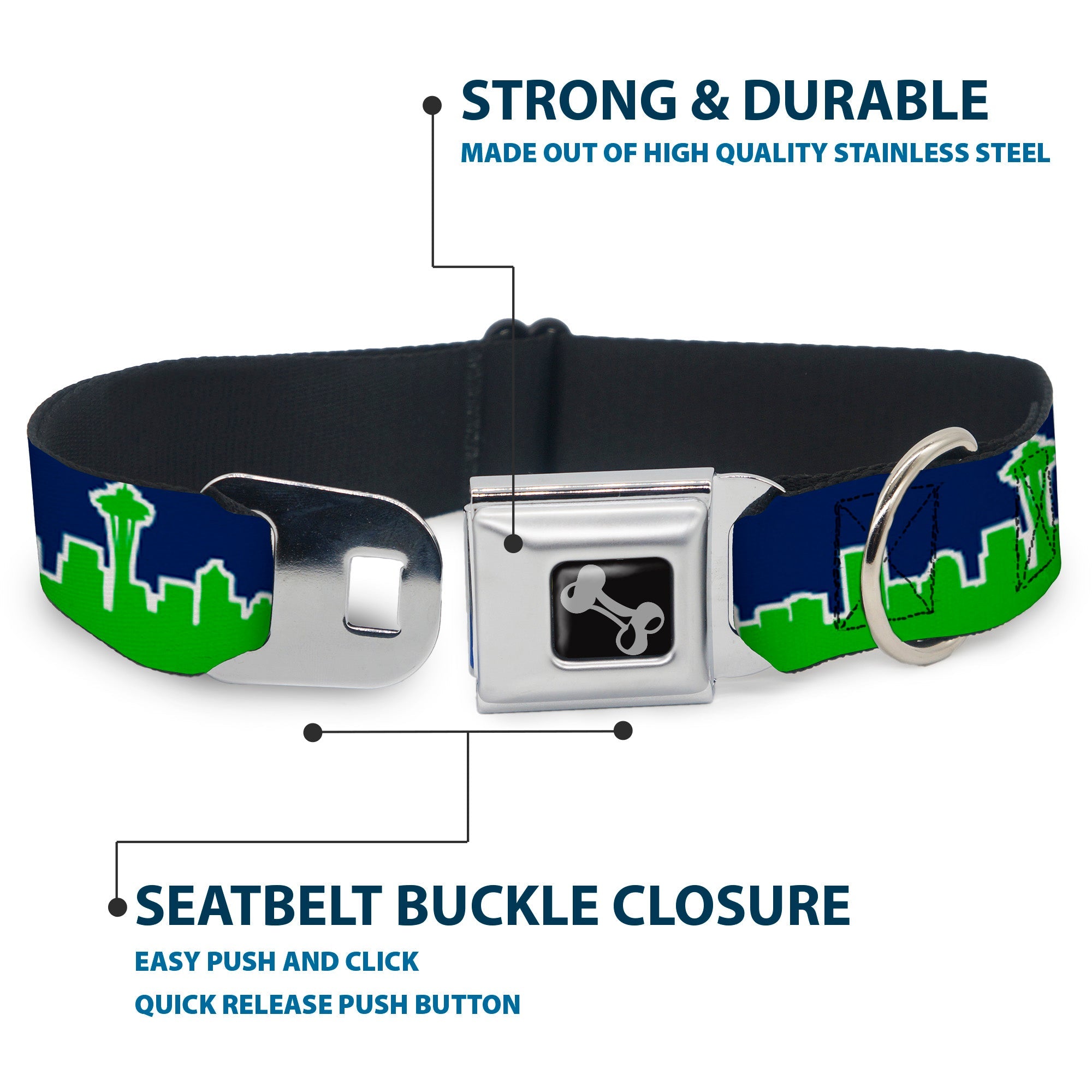 Dog Bone Seatbelt Buckle Collar - Seattle Skyline Navy/Bright Green