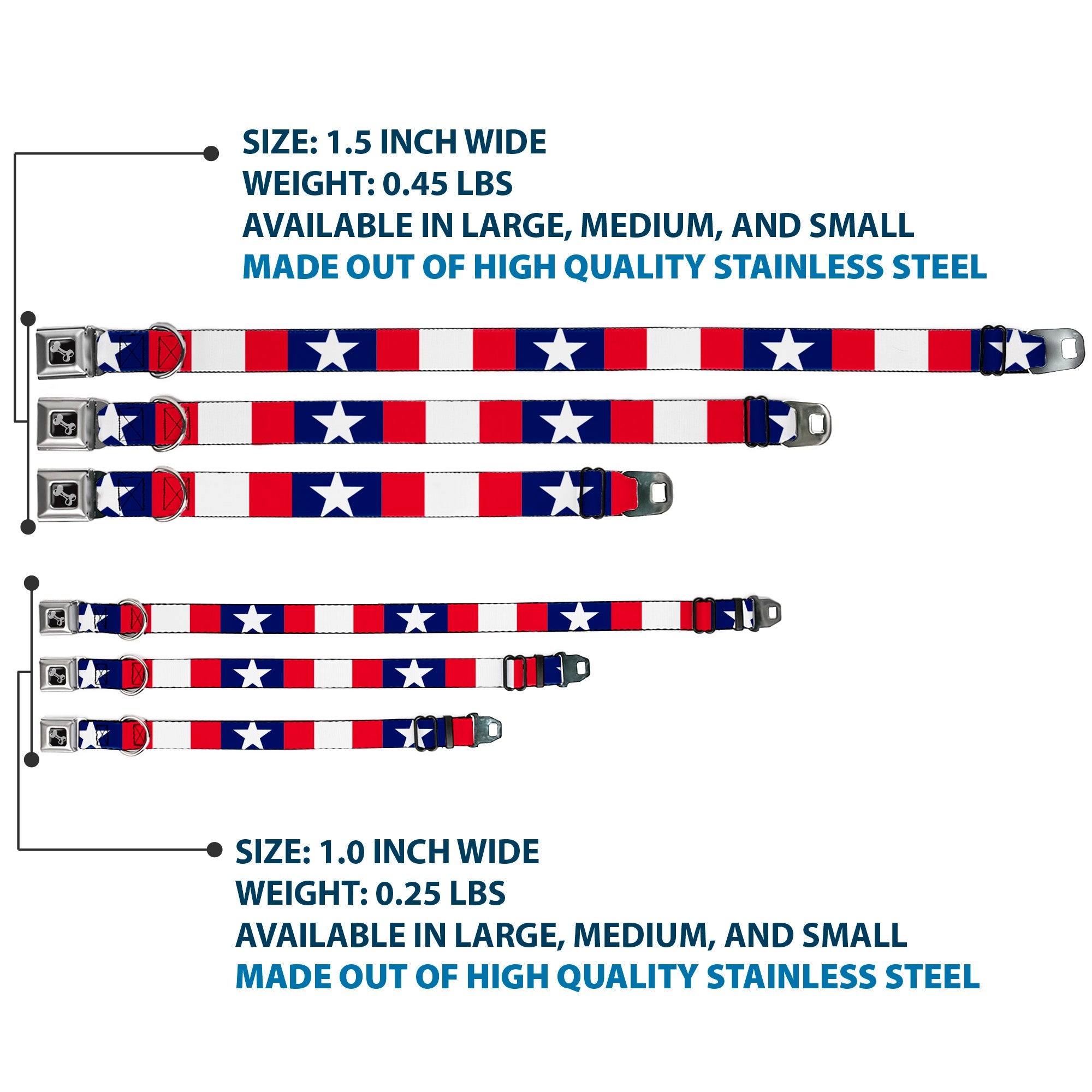 Dog Bone Seatbelt Buckle Collar - Stars & Stripes Ribbon Red/Blue/White