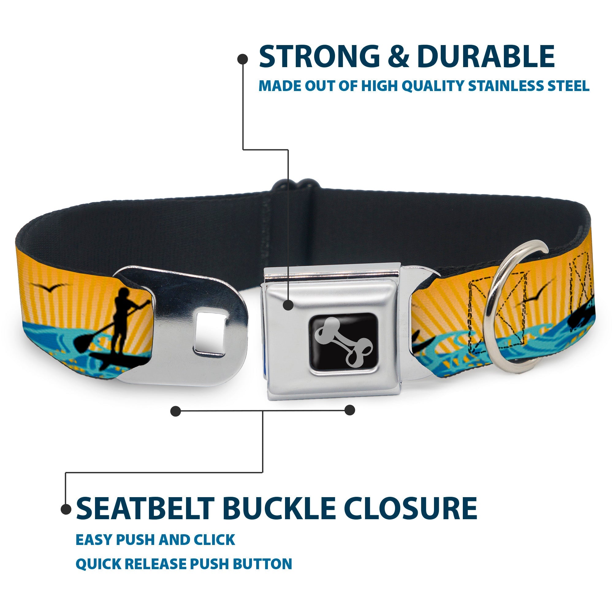 Dog Bone Seatbelt Buckle Collar - SUP w/Dog Yellows/Blues/Black