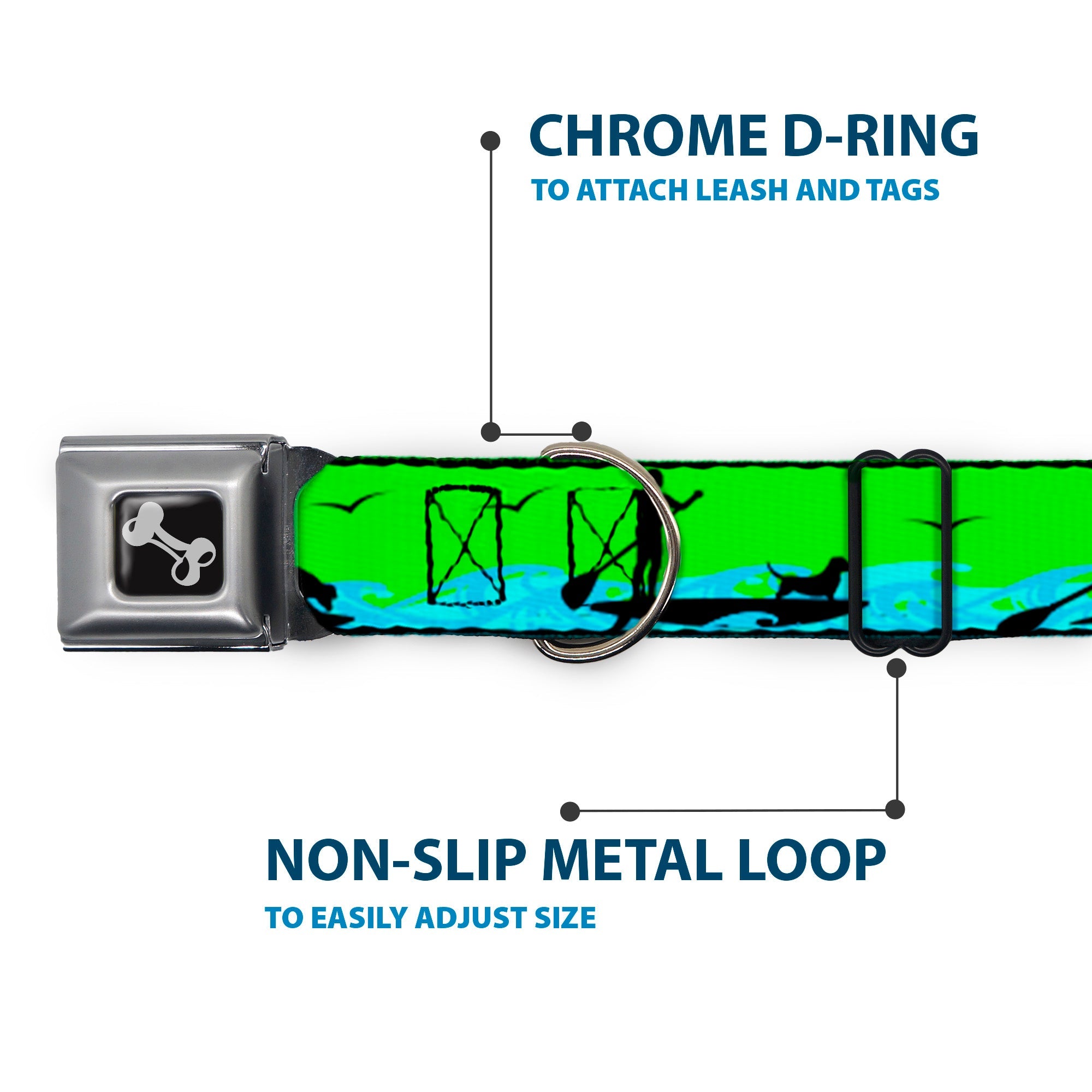 Dog Bone Seatbelt Buckle Collar - SUP w/Dog Neon Green/Blues/Black