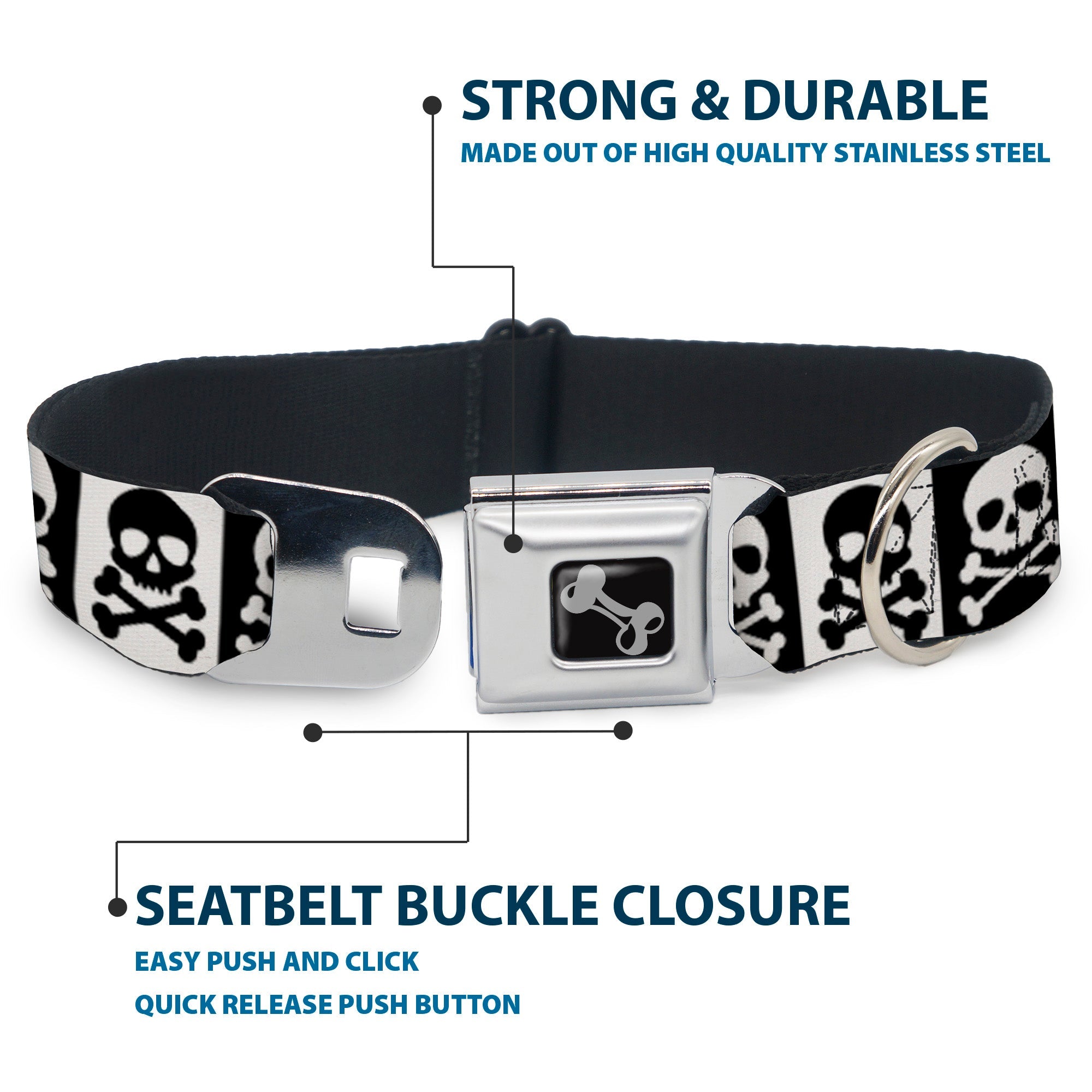 Dog Bone Seatbelt Buckle Collar - Skull & Cross Bones Blocks Black/White White/Black