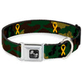 Load image into Gallery viewer, Dog Bone Seatbelt Buckle Collar - Support Our Troops Camo Olive/Yellow Ribbon
