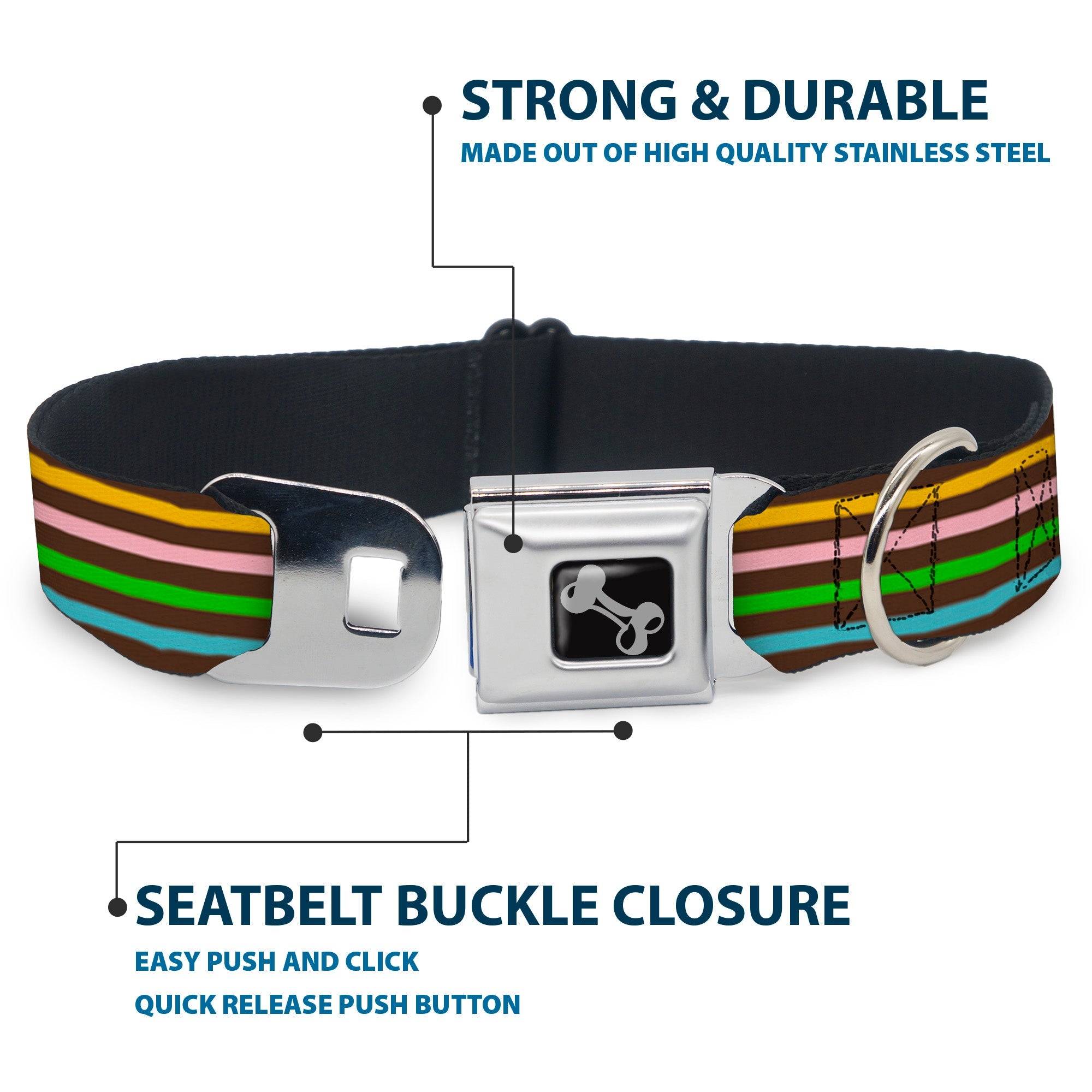 Dog Bone Seatbelt Buckle Collar - Stripe Blocks Brown/Multi Pastel