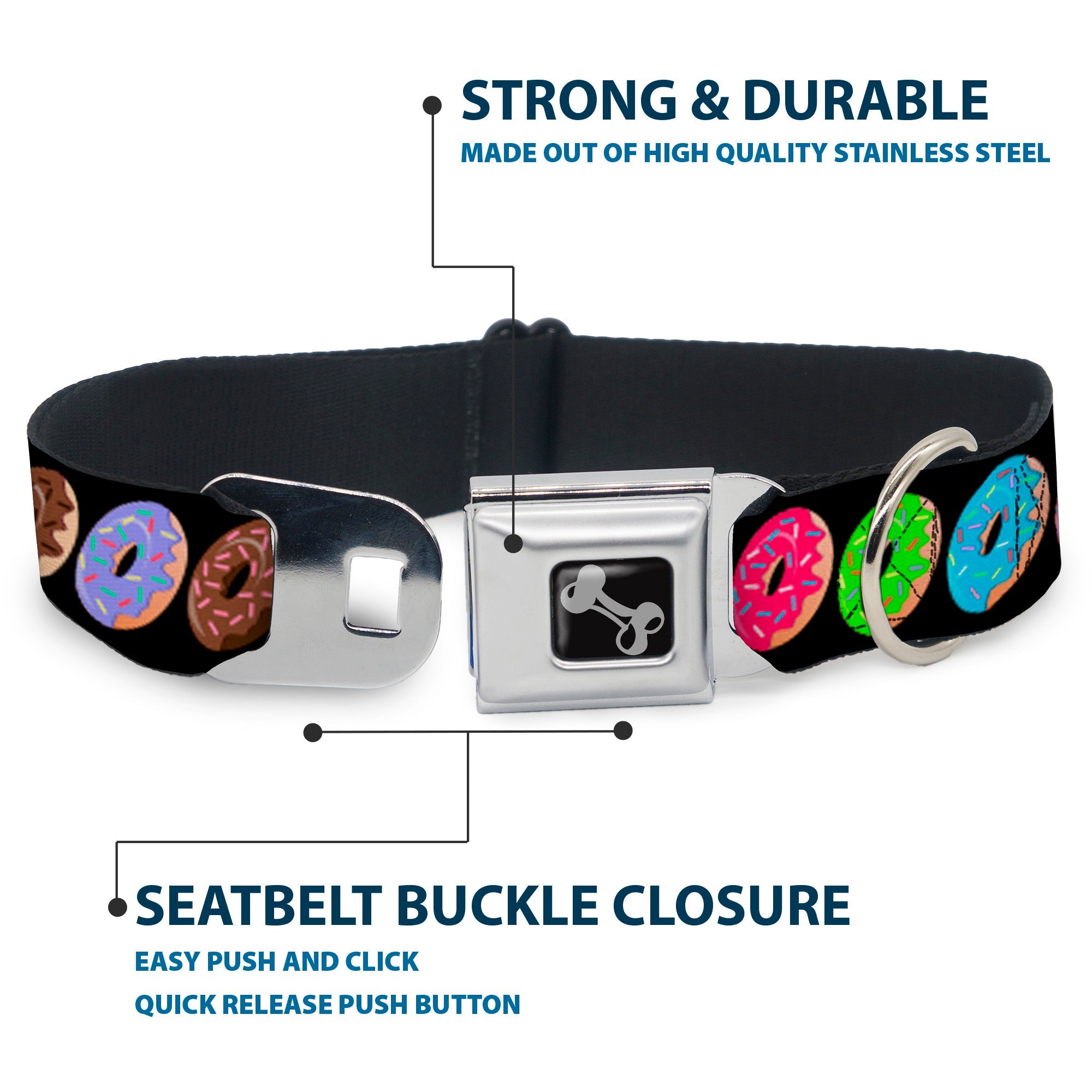 Dog Bone Seatbelt Buckle Collar - Sprinkle Donuts Black/Multi Color