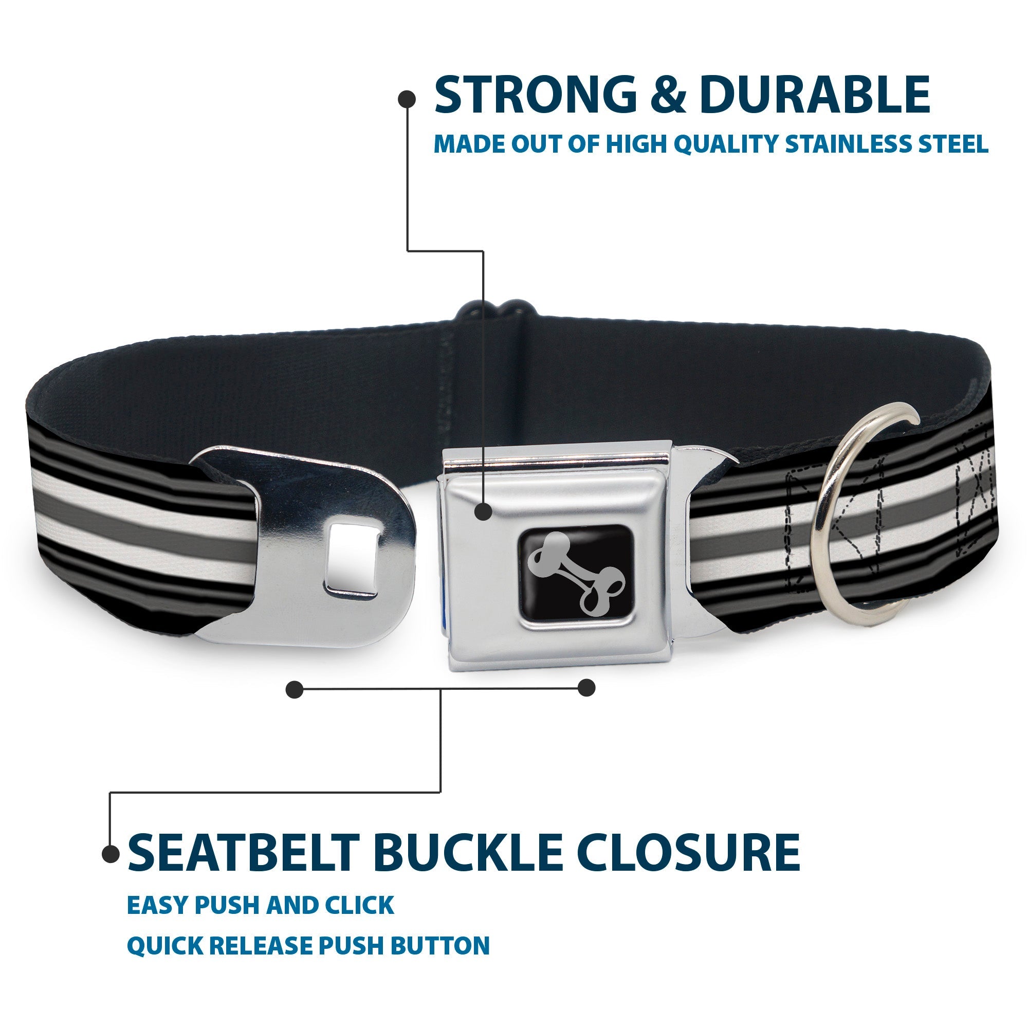 Dog Bone Seatbelt Buckle Collar - Striped Black/Gray/White