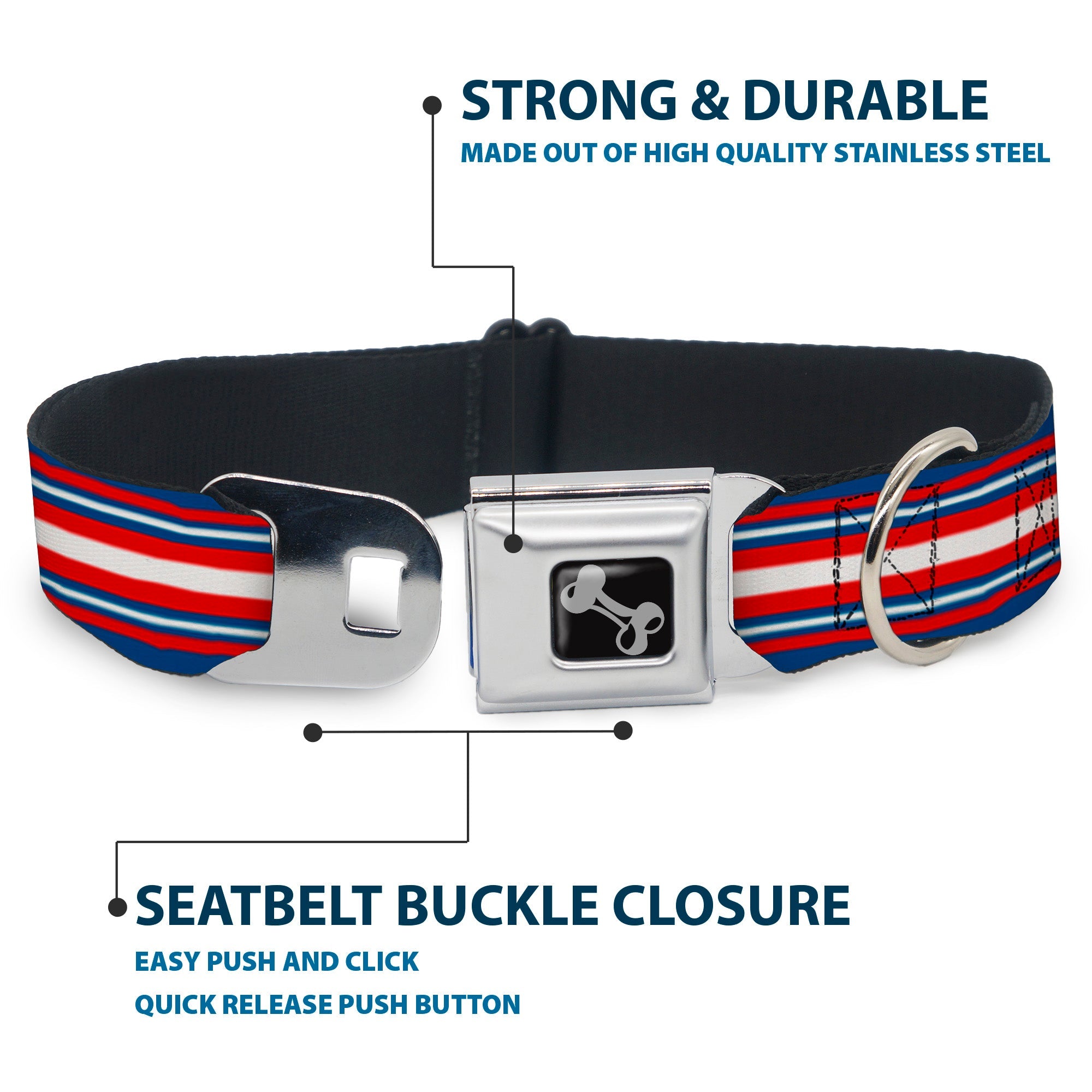 Dog Bone Seatbelt Buckle Collar - Striped Blue/Red/White