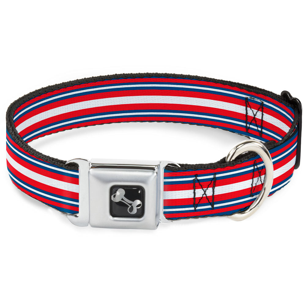 Dog Bone Seatbelt Buckle Collar - Striped Blue/Red/White