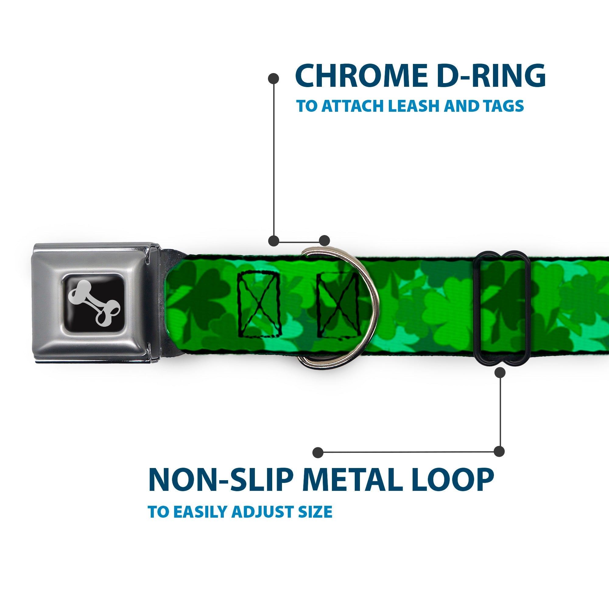 Dog Bone Seatbelt Buckle Collar - St. Pat's Stacked Shamrocks Greens
