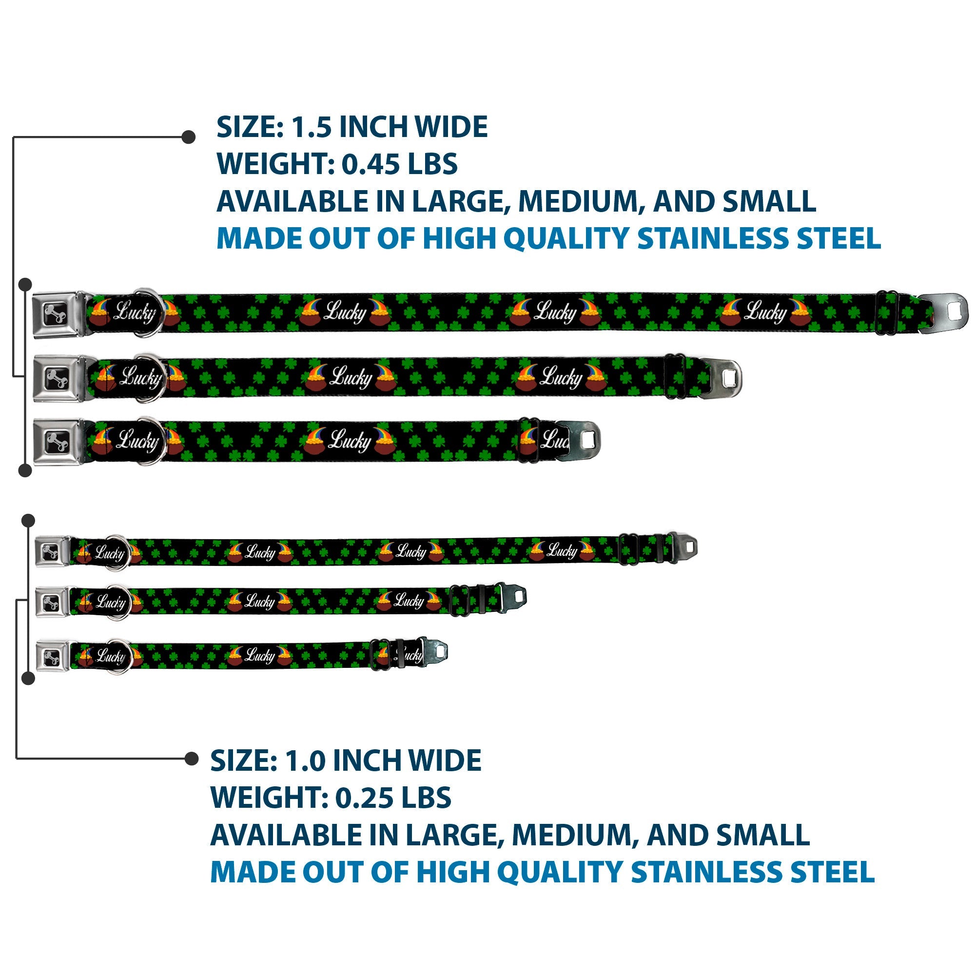 Dog Bone Seatbelt Buckle Collar - St. Pat's LUCKY Pot of Gold/Shamrocks Scattered Black/Green/White