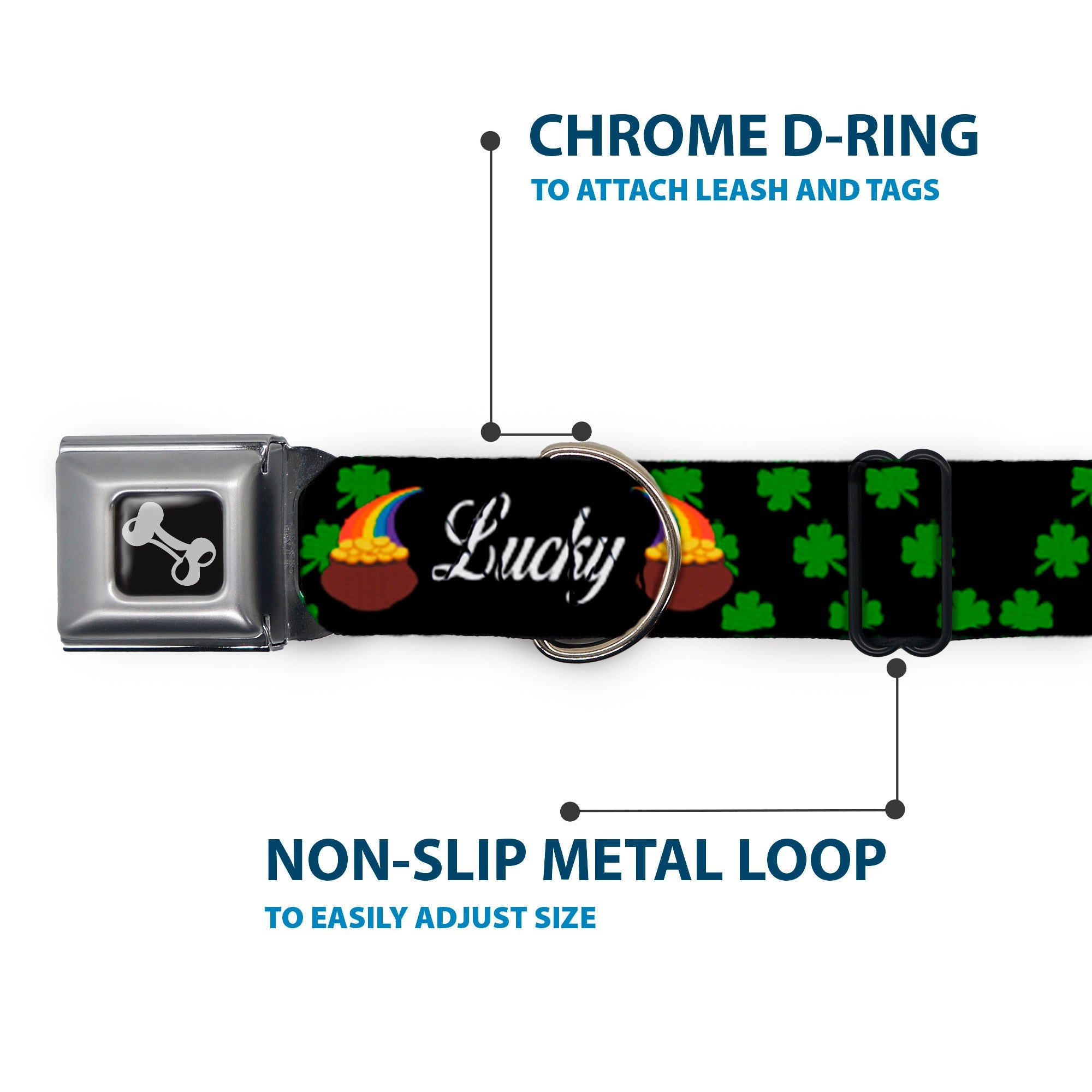 Dog Bone Seatbelt Buckle Collar - St. Pat's LUCKY Pot of Gold/Shamrocks Scattered Black/Green/White