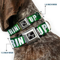 Load image into Gallery viewer, Dog Bone Black/Silver Seatbelt Buckle Collar - St. Pat's DRINK UP BITCHES/Beer Mugs/Stacked Shamrocks Greens/White/Gold
