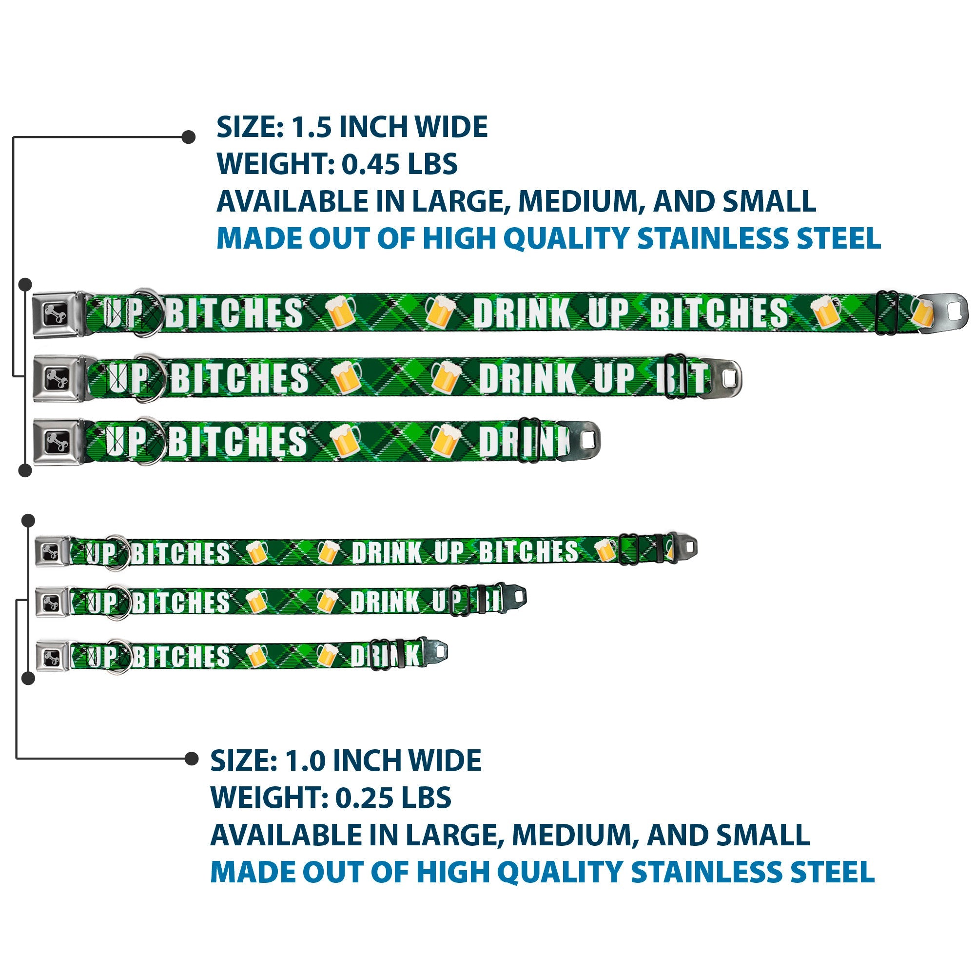Dog Bone Black/Silver Seatbelt Buckle Collar - St. Pat's DRINK UP BITCHES/Beer Mugs/Stacked Shamrocks Greens/White/Gold