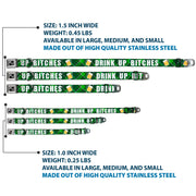 Dog Bone Black/Silver Seatbelt Buckle Collar - St. Pat's DRINK UP BITCHES/Beer Mugs/Stacked Shamrocks Greens/White/Gold