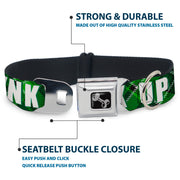 Dog Bone Black/Silver Seatbelt Buckle Collar - St. Pat's DRINK UP BITCHES/Beer Mugs/Stacked Shamrocks Greens/White/Gold