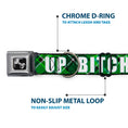 Load image into Gallery viewer, Dog Bone Black/Silver Seatbelt Buckle Collar - St. Pat's DRINK UP BITCHES/Beer Mugs/Stacked Shamrocks Greens/White/Gold
