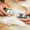 Load image into Gallery viewer, Dog Bone Black/Silver Seatbelt Buckle Collar - St. Pat's DRINK UP BITCHES/Beer Mugs/Stacked Shamrocks Greens/White/Gold
