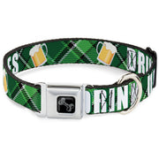 Dog Bone Black/Silver Seatbelt Buckle Collar - St. Pat's DRINK UP BITCHES/Beer Mugs/Stacked Shamrocks Greens/White/Gold