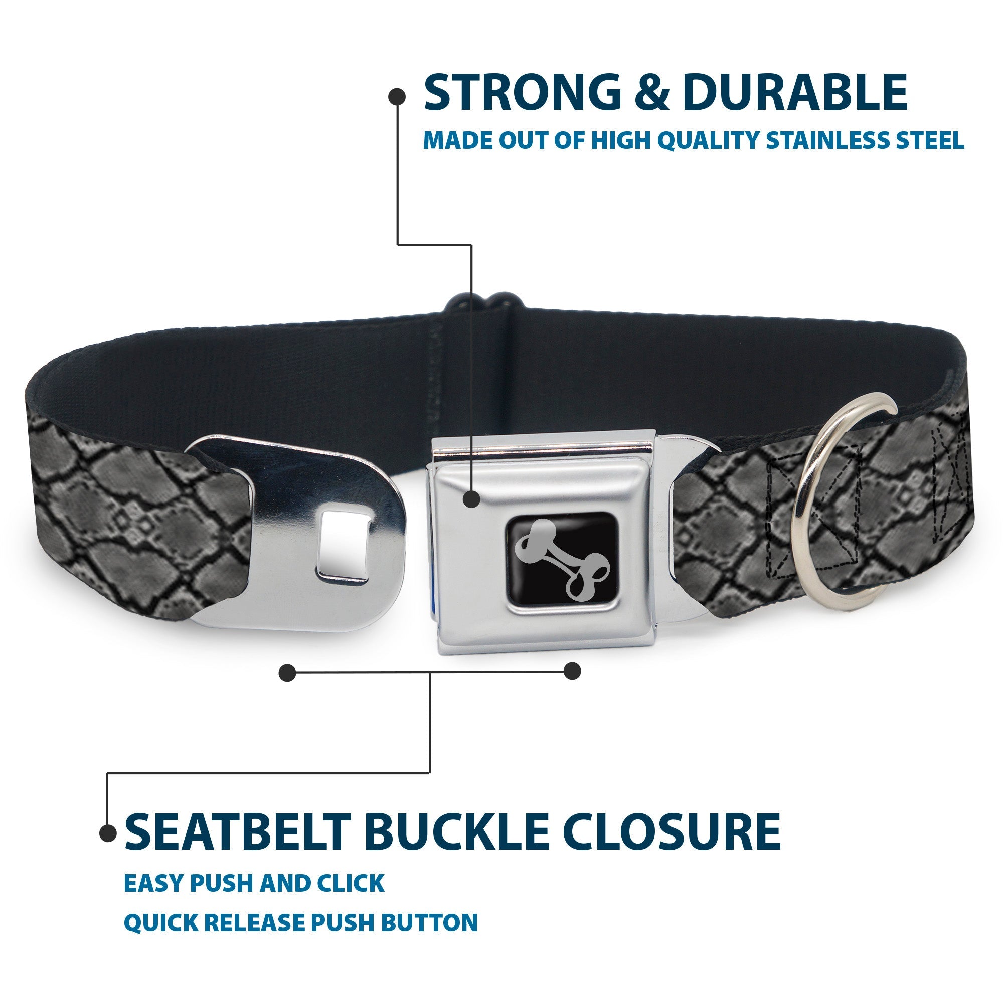 Dog Bone Seatbelt Buckle Collar - Snake Skin 3 Charcoal/Black