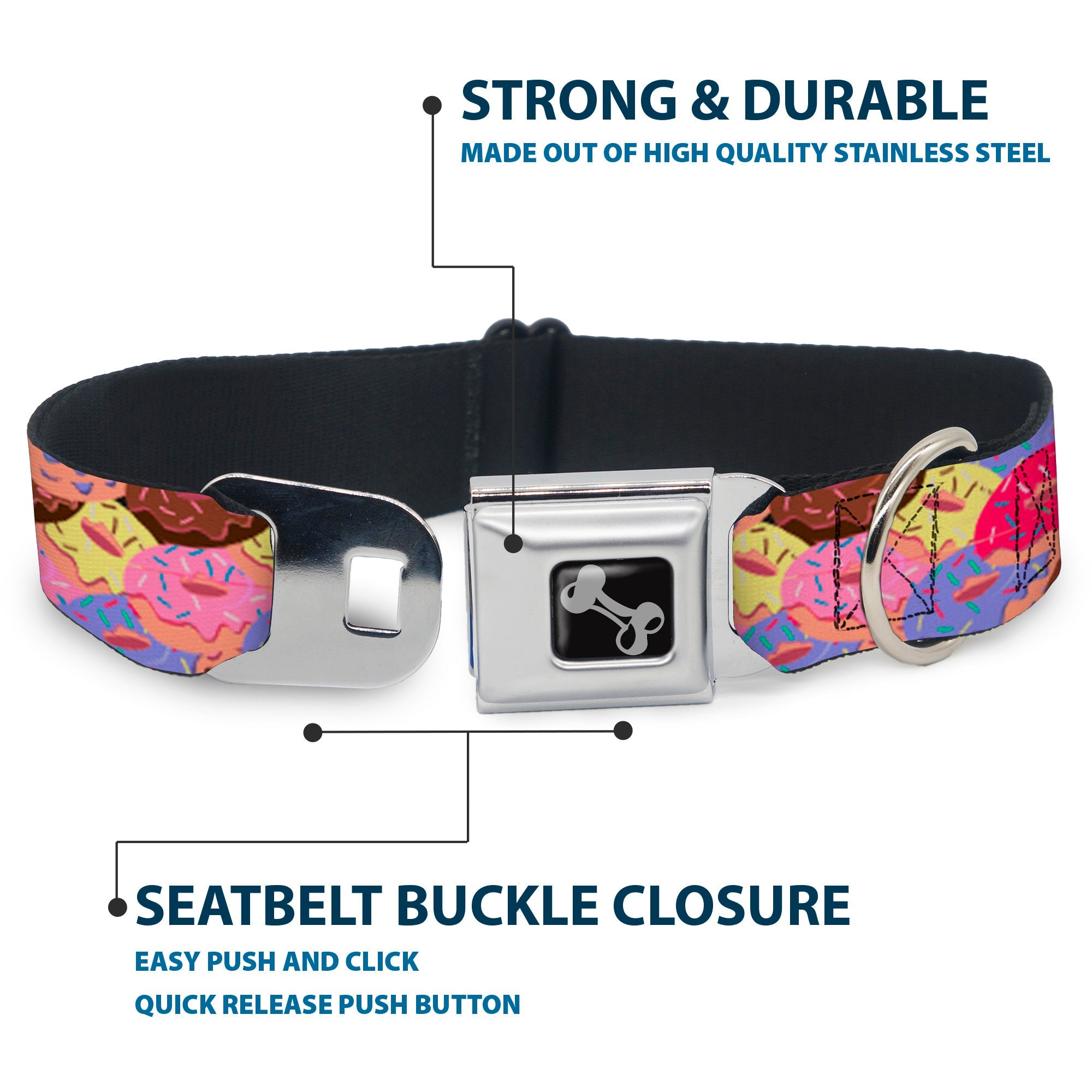 Dog Bone Seatbelt Buckle Collar - Sprinkle Donuts Stacked Multi Color