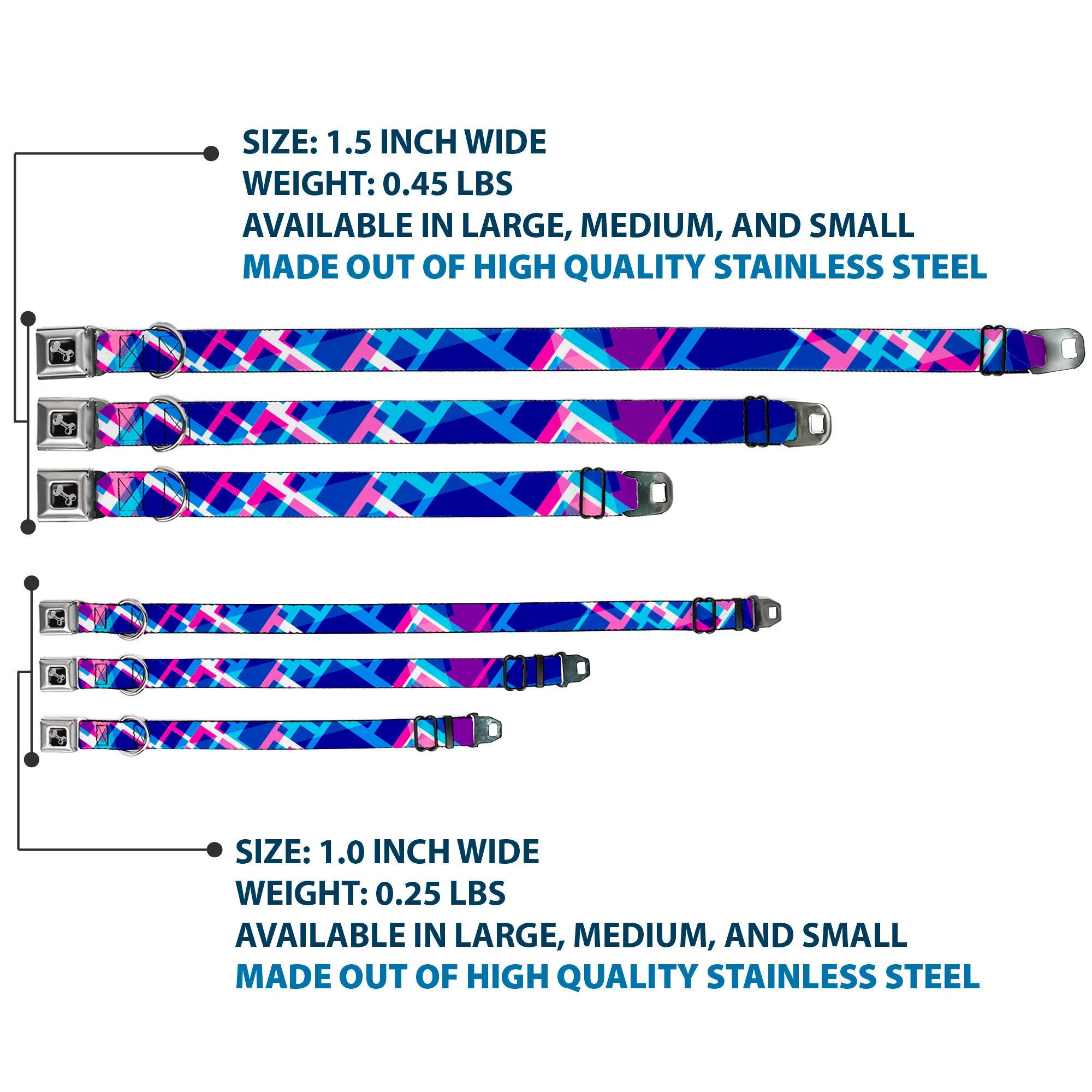 Dog Bone Seatbelt Buckle Collar - Squares Stacked Blues/Pinks/Purples