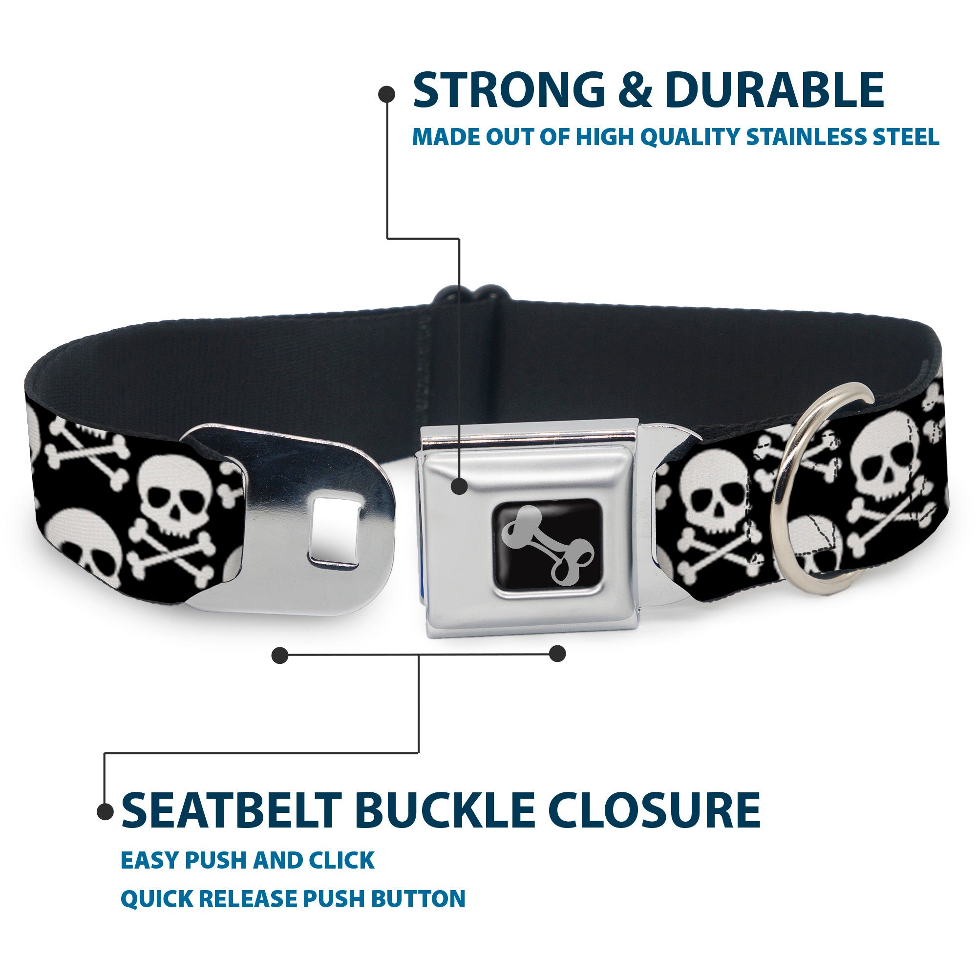 Dog Bone Black/Silver Seatbelt Buckle Collar - Skull & Cross Bones Staggered Black/White