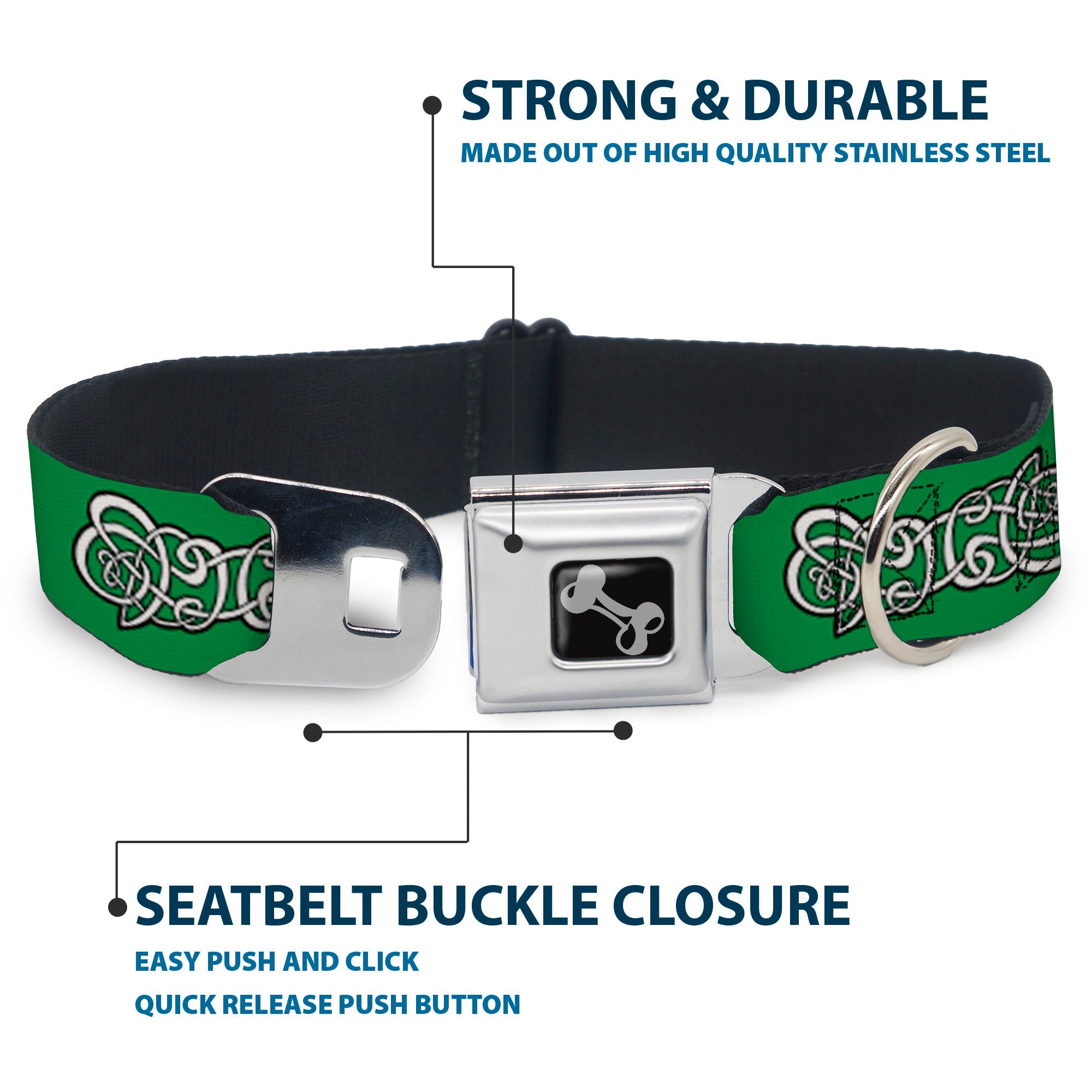 Dog Bone Seatbelt Buckle Collar - Celtic Knot2 Greens/Black/White