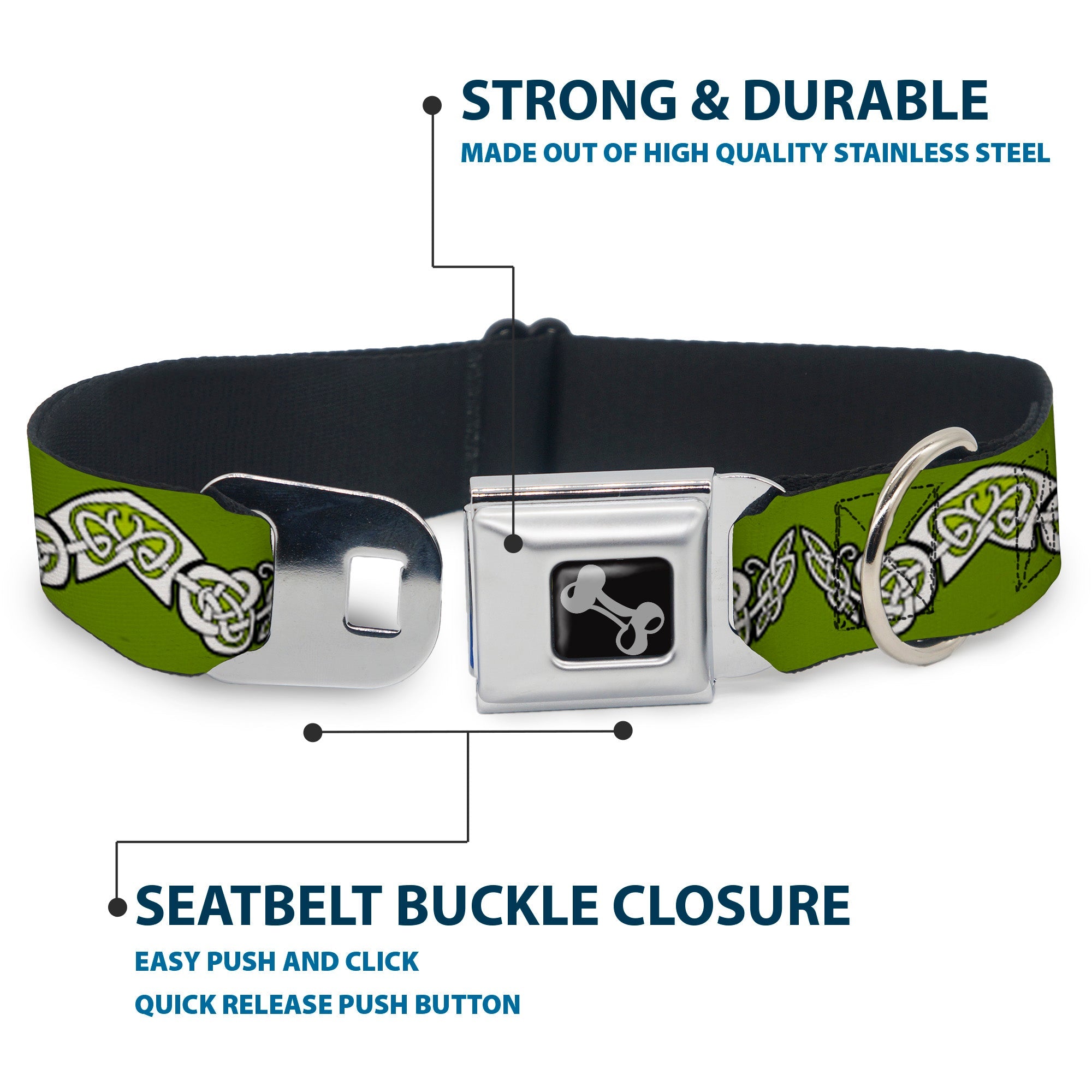 Dog Bone Seatbelt Buckle Collar - Celtic Knot3 Olives/Black/White