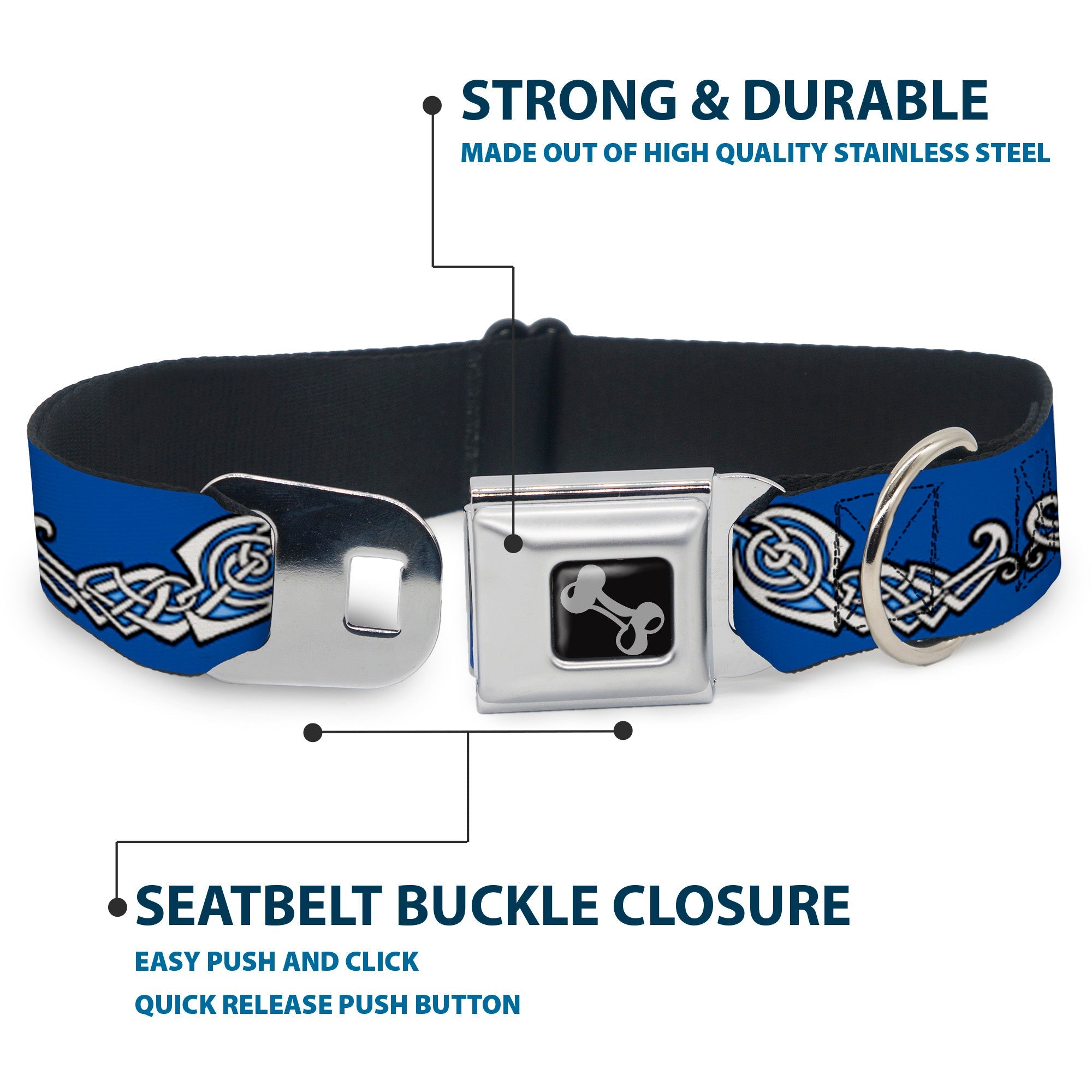 Dog Bone Seatbelt Buckle Collar - Celtic Knot4 Blues/Black/White