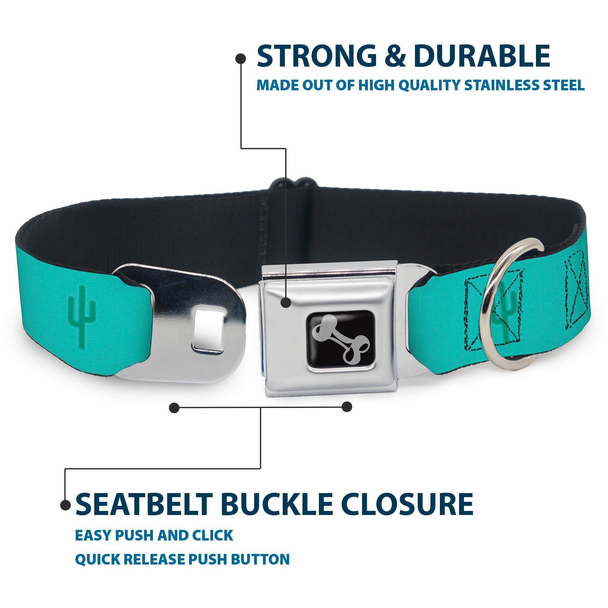 Dog Bone Seatbelt Buckle Collar - Cacti1 Aqua Blues