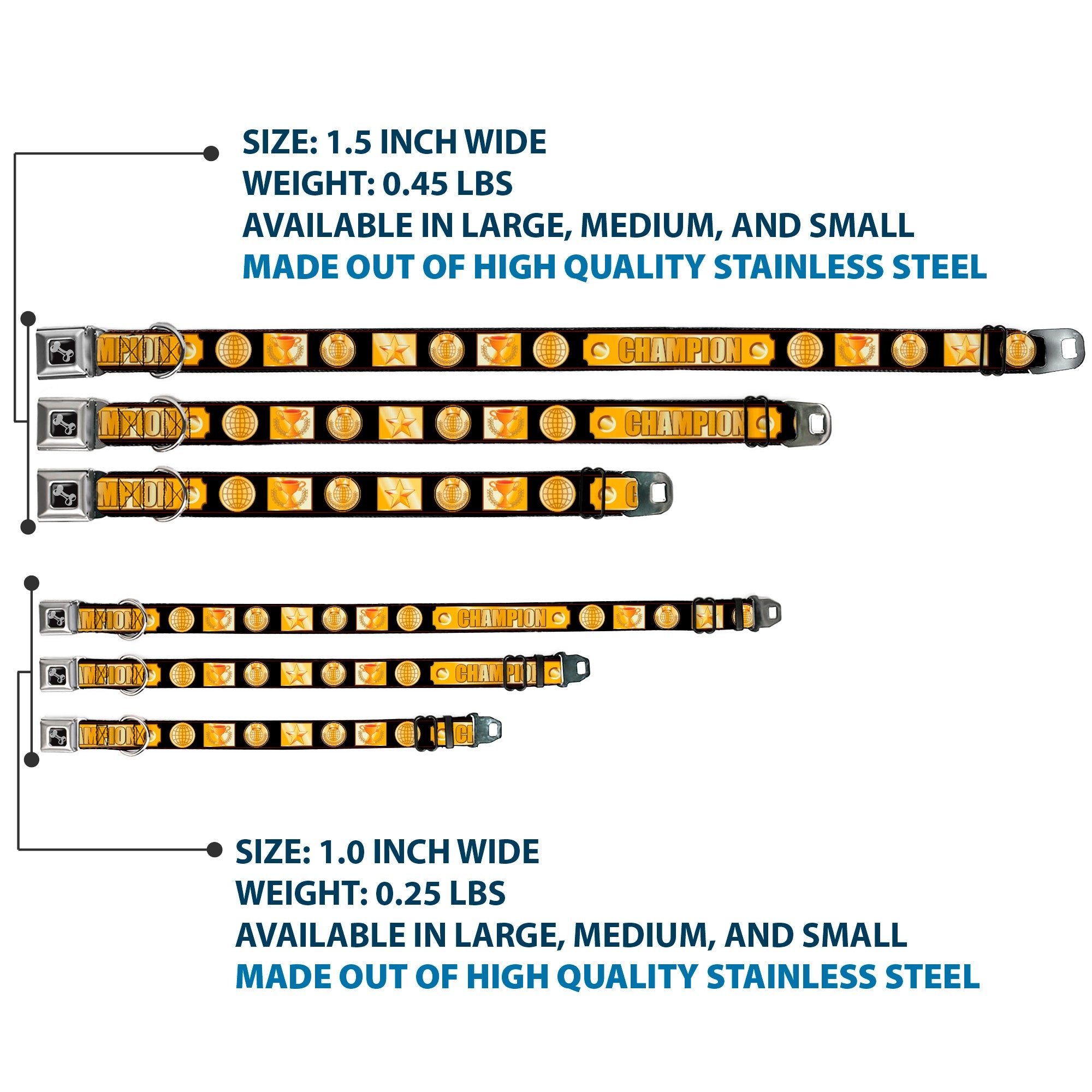 Dog Bone Seatbelt Buckle Collar - CHAMPION Belt/Icons Black/Golds
