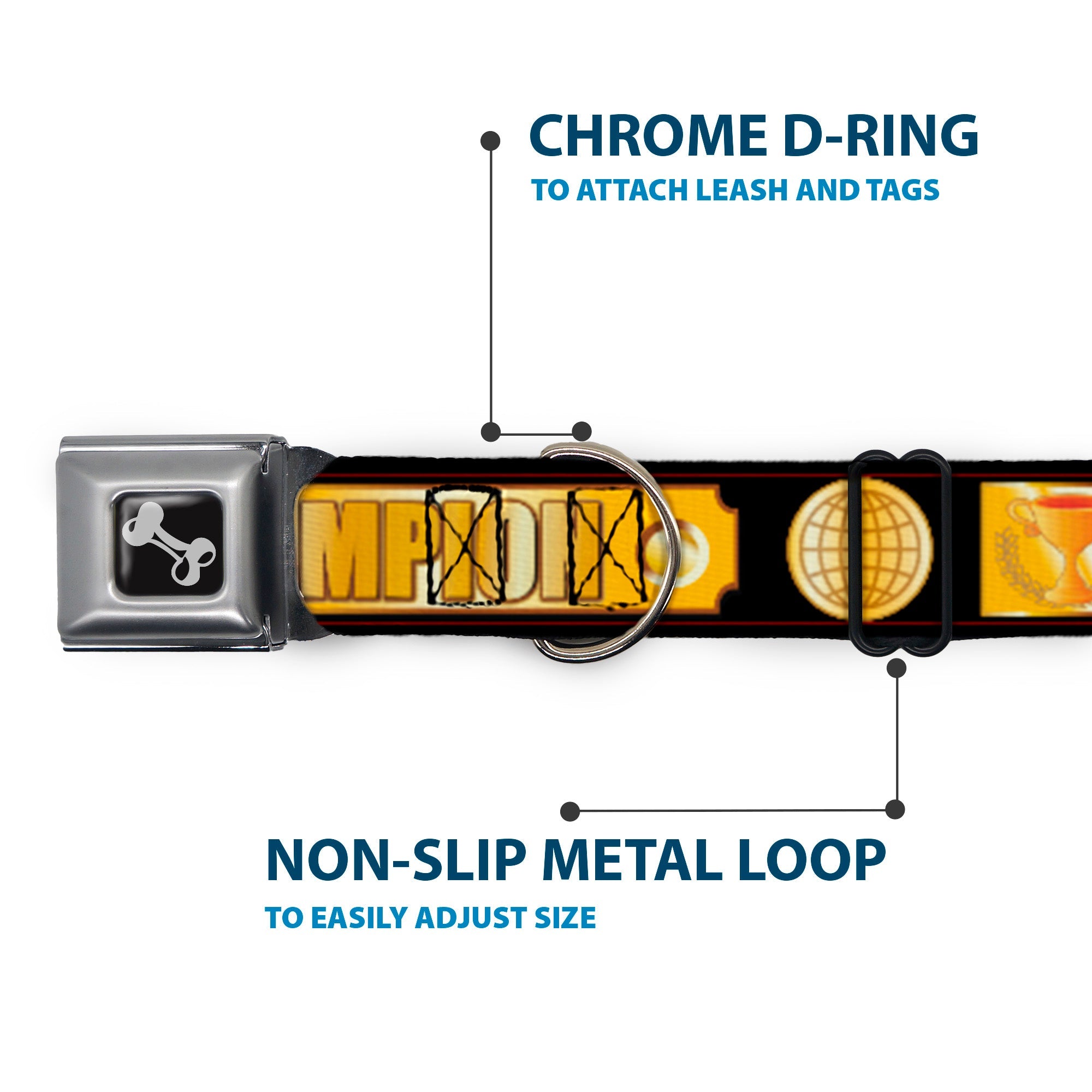 Dog Bone Seatbelt Buckle Collar - CHAMPION Belt/Icons Black/Golds