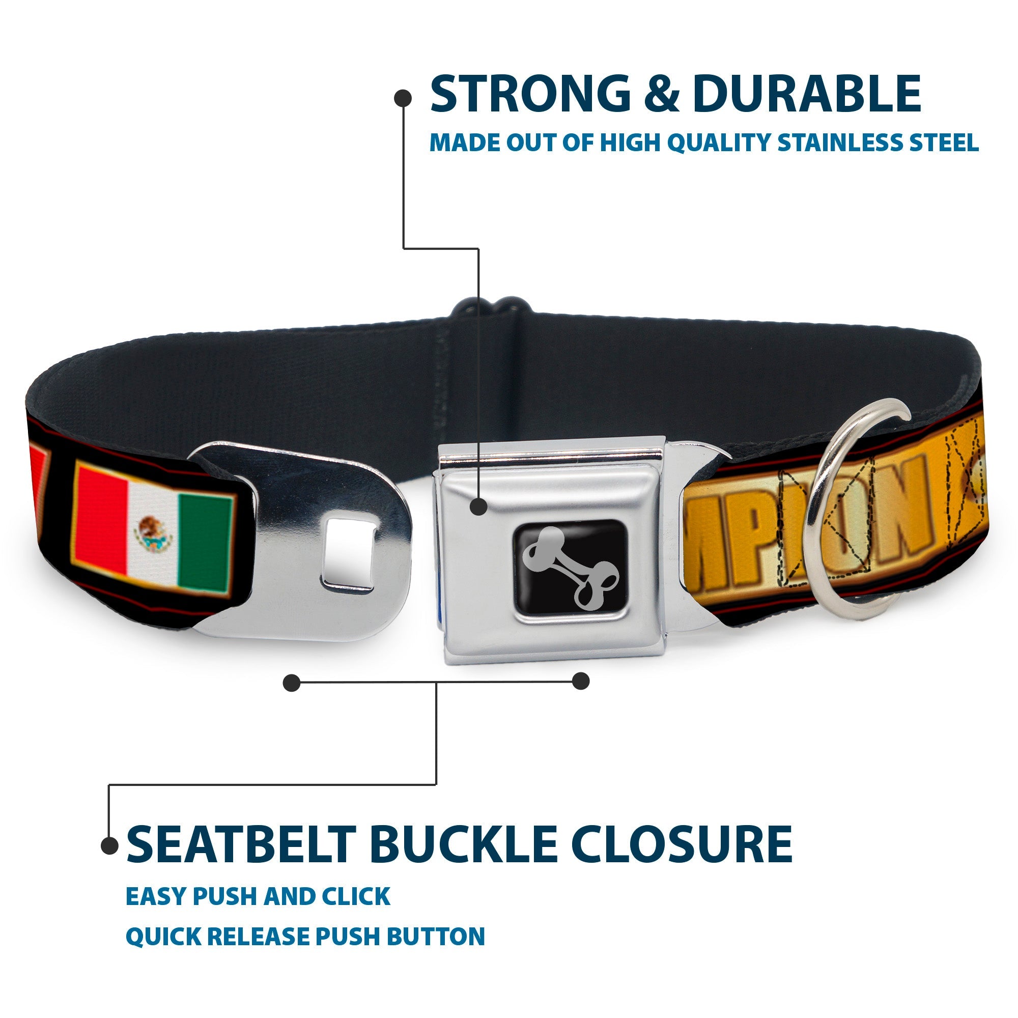 Dog Bone Seatbelt Buckle Collar - CHAMPION Belt/Flags/Stars Black/Golds
