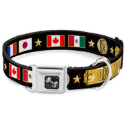 Dog Bone Seatbelt Buckle Collar - CHAMPION Belt/Flags/Stars Black/Golds