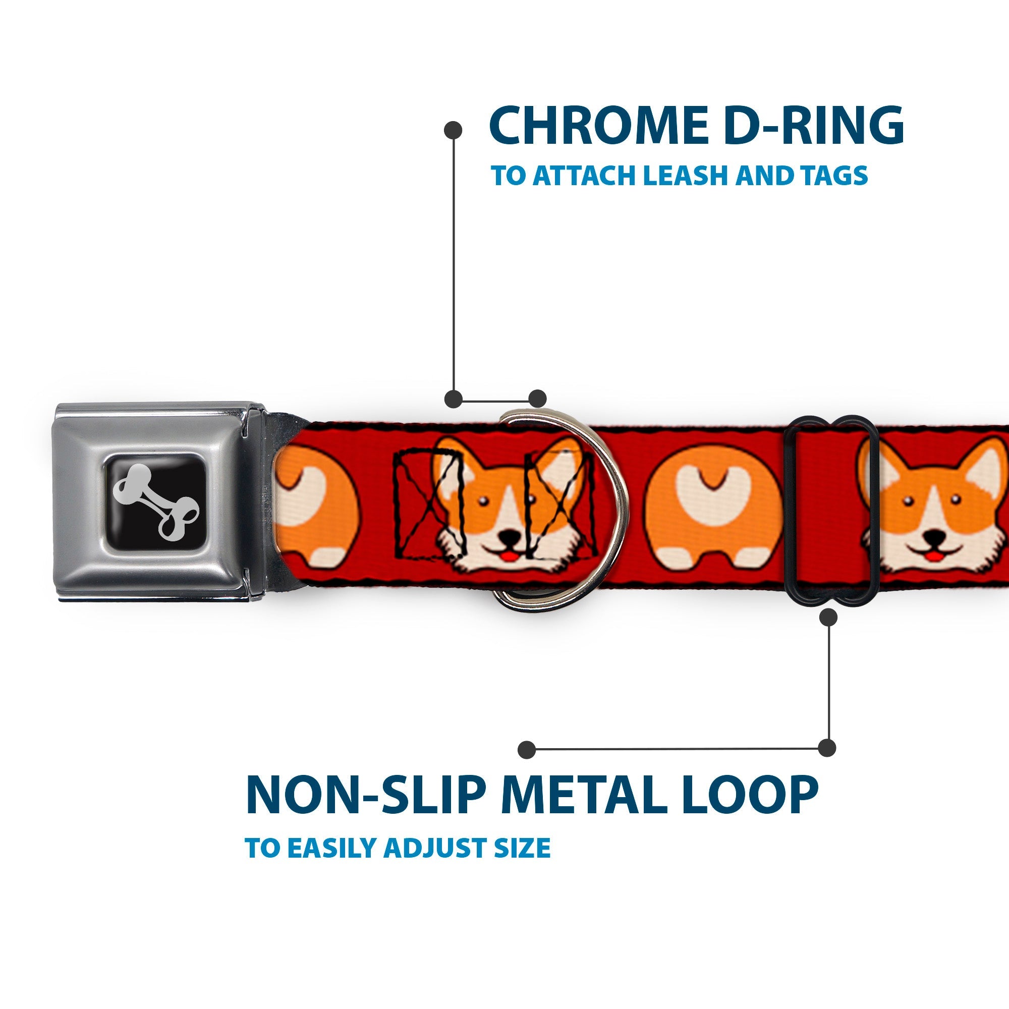 Dog Bone Seatbelt Buckle Collar - Corgi Face/Rump Red