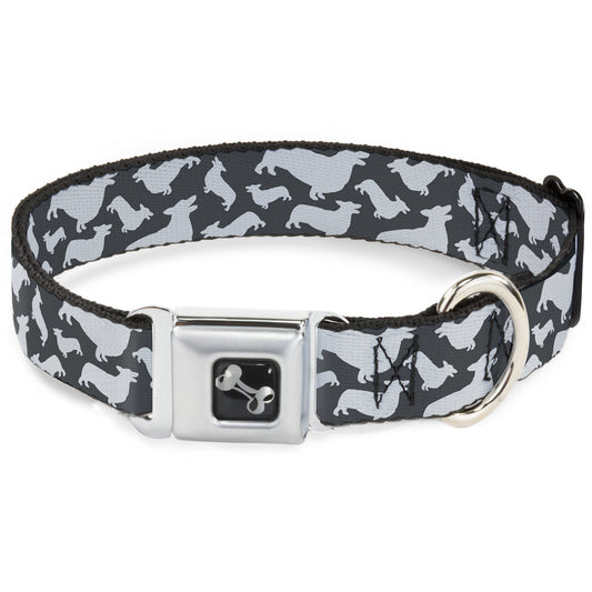 Dog Bone Seatbelt Buckle Collar - Corgi Silhouette Poses Grays